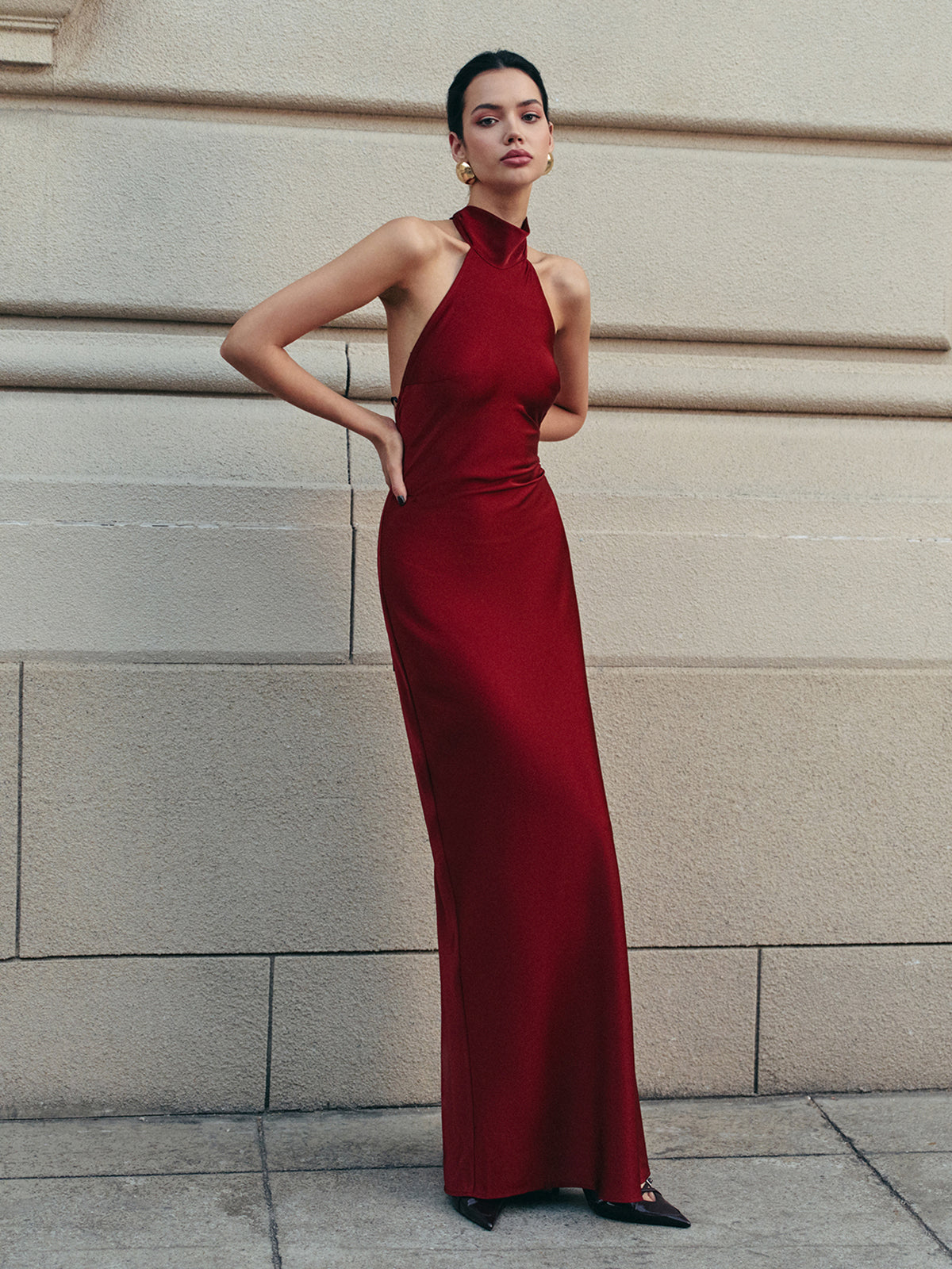 Burgundy evening maxi dress, side view
