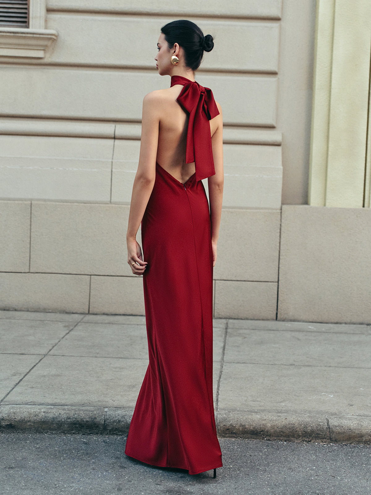 Burgundy backless maxi dress, full-length view