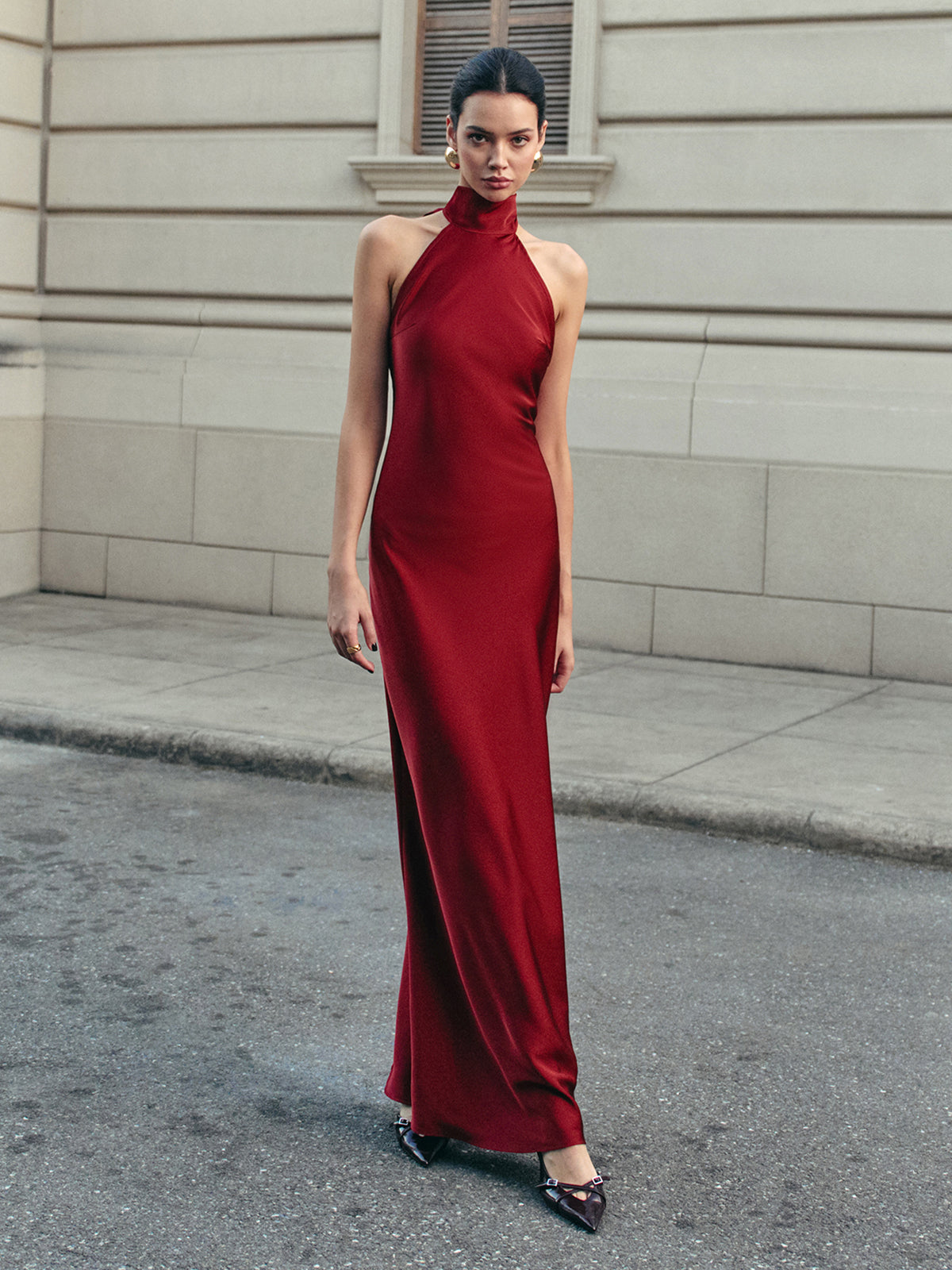 Burgundy halter maxi dress, back tie detail