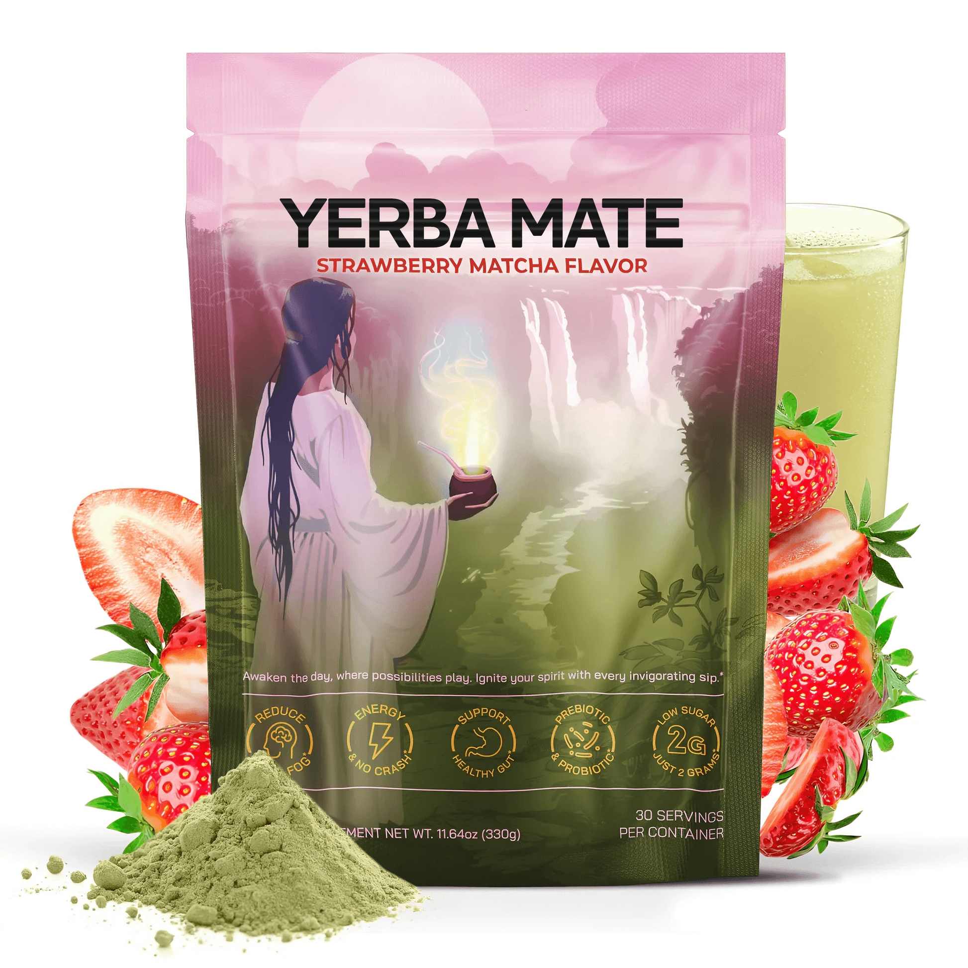 Yerba Mate Instant Tea Powder Lion's Mane, L-Theanine & Probiotics, 30 Servings