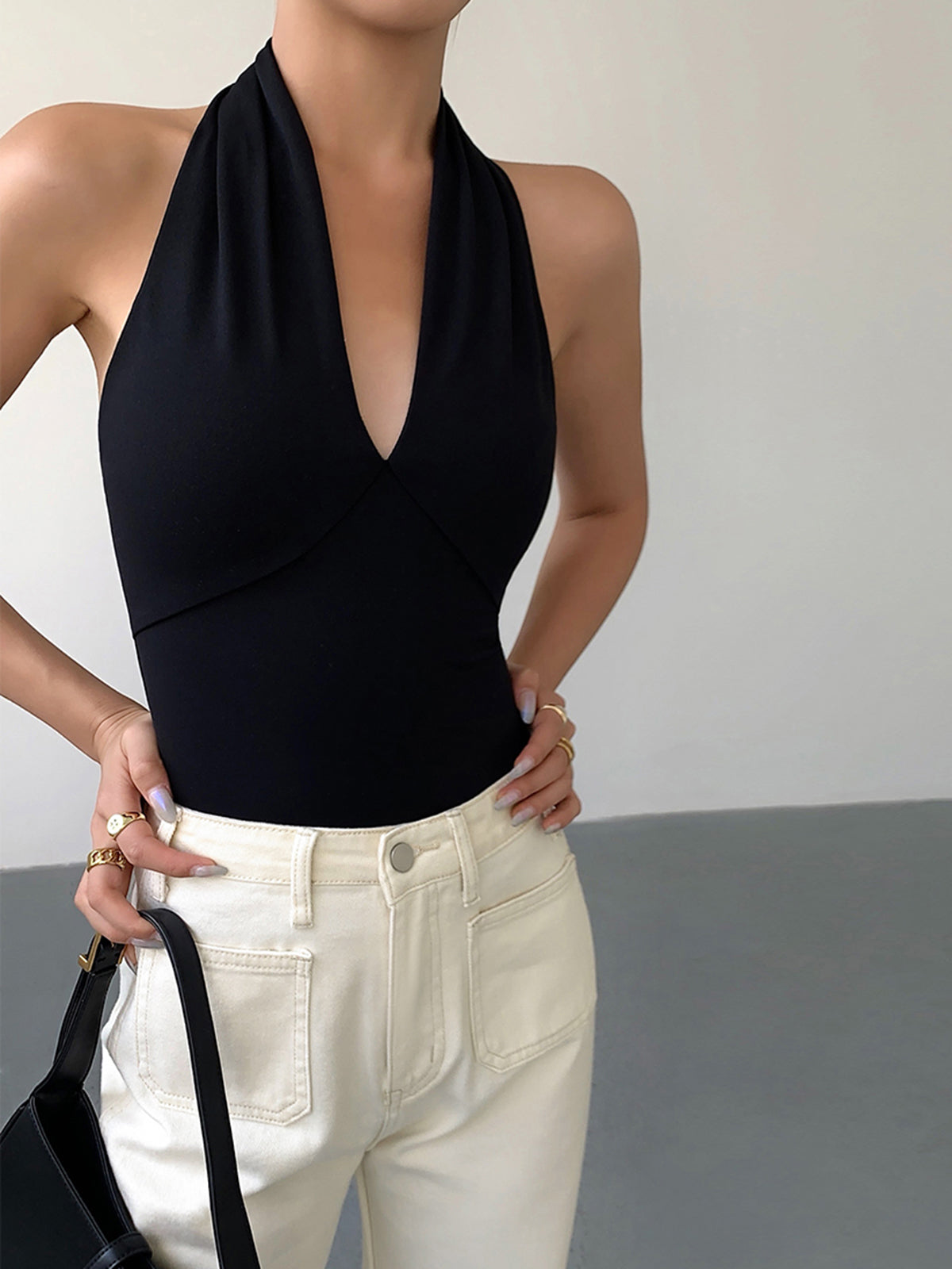 Adeline black V-neck open-back cami, front view