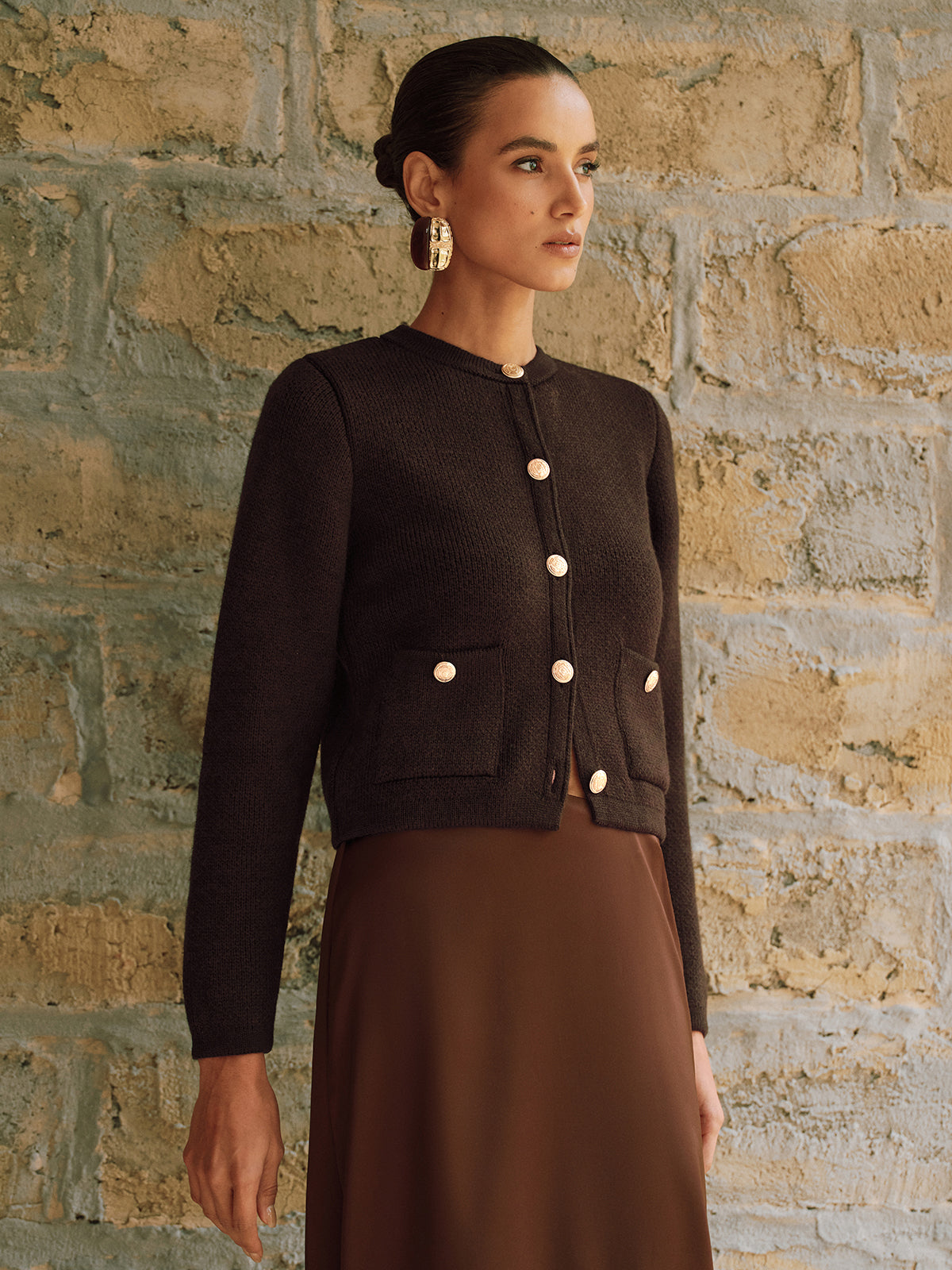 Adrienne brown gold-button cropped cardigan, front view showing both patch pockets
