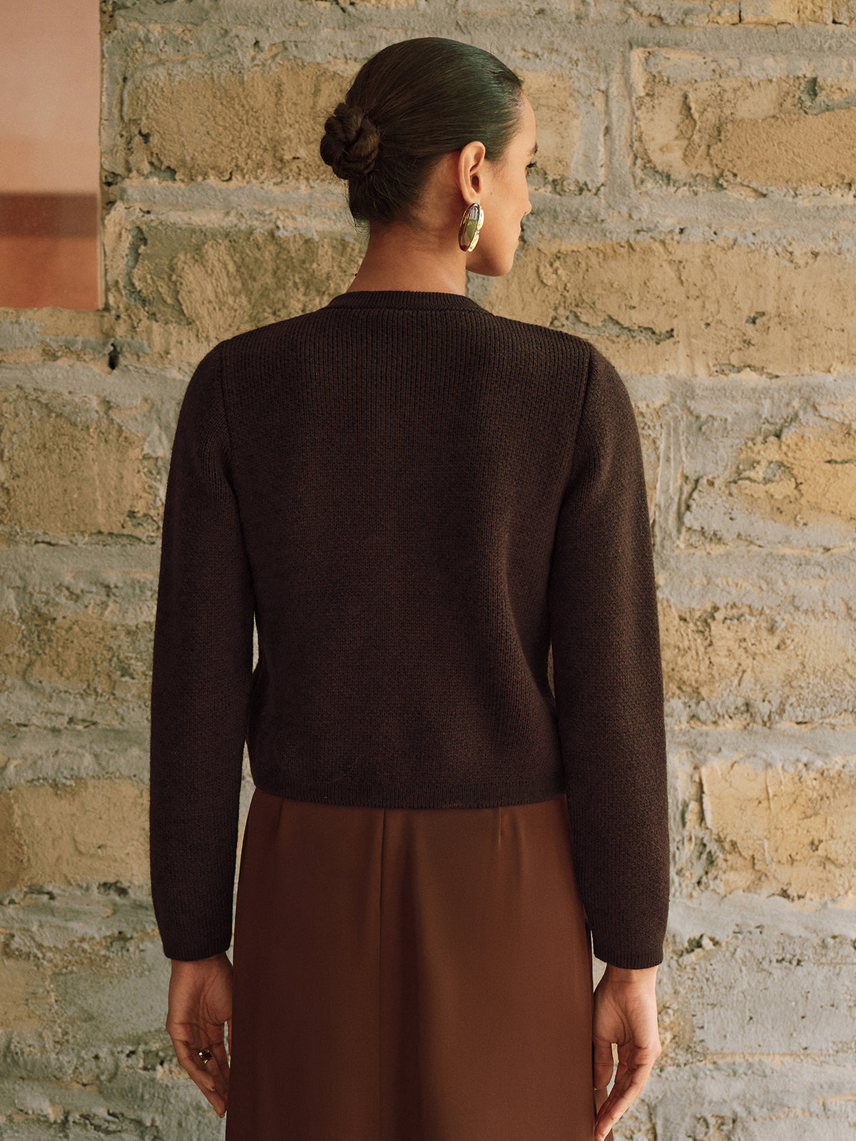 Adrienne brown gold-button cropped cardigan, back view