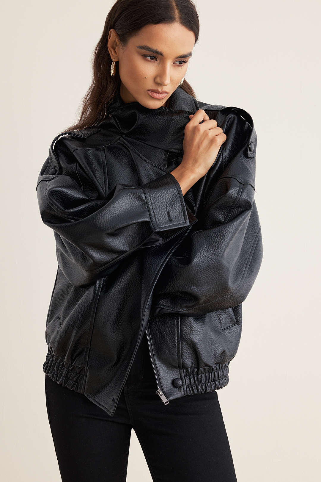Agathe oversized lapel jacket worn open, styled view