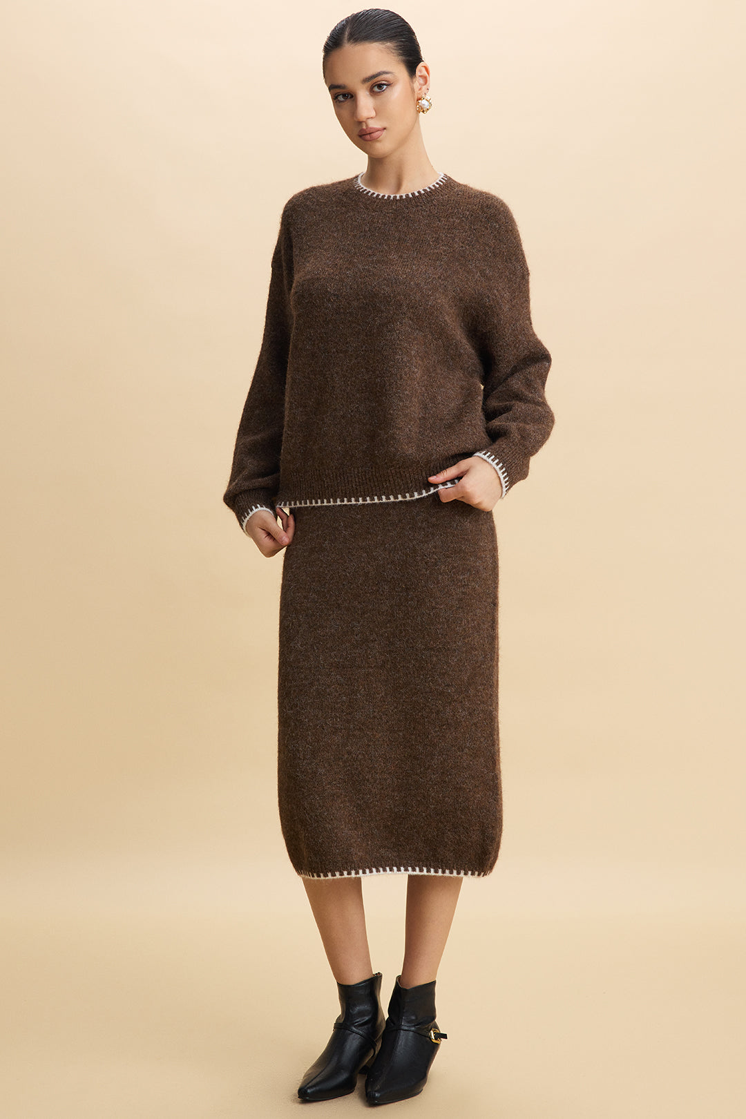 Agnes brown wool sweater and midi skirt set with cream blanket stitch, front view