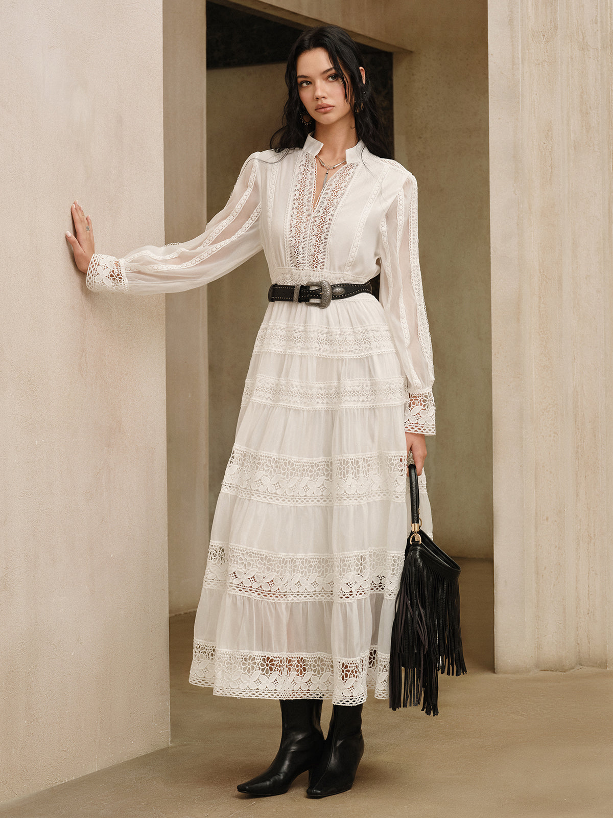 Albertine white sheer lace-panel maxi dress, front view