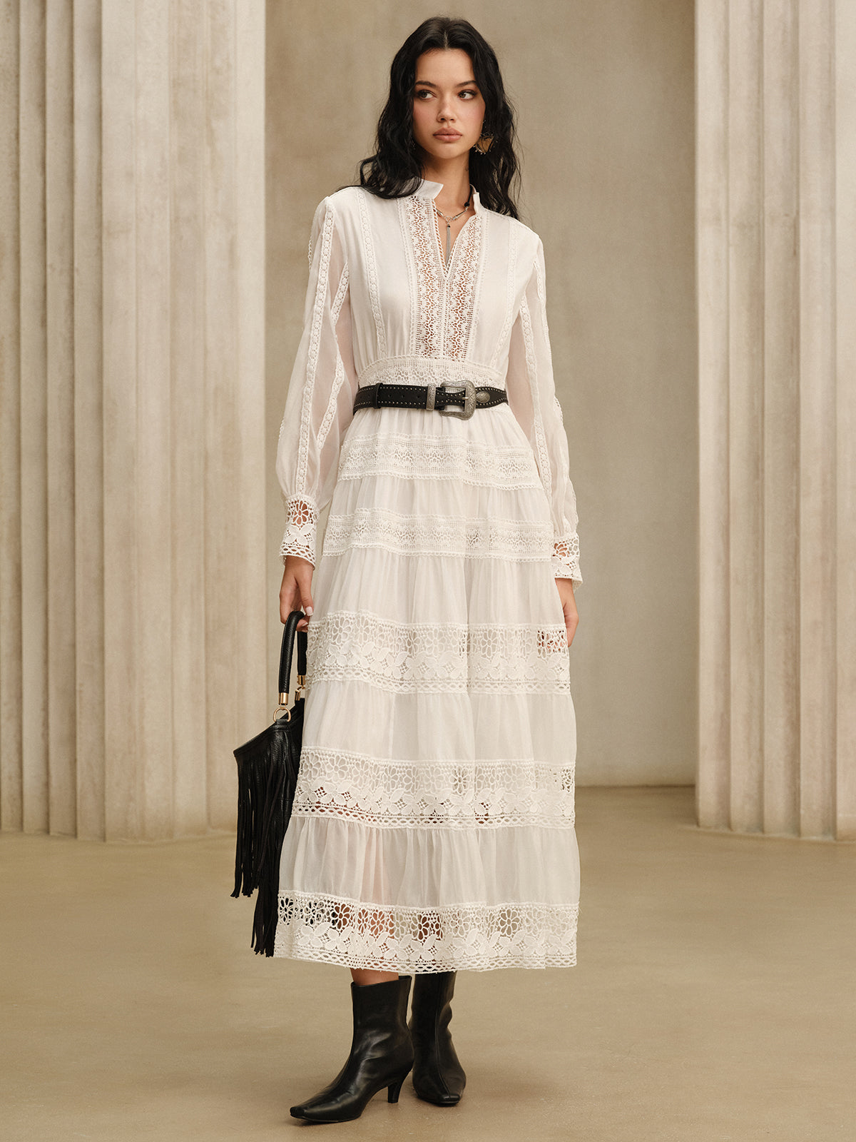 Albertine white tiered lace maxi dress, front view styled with a belt