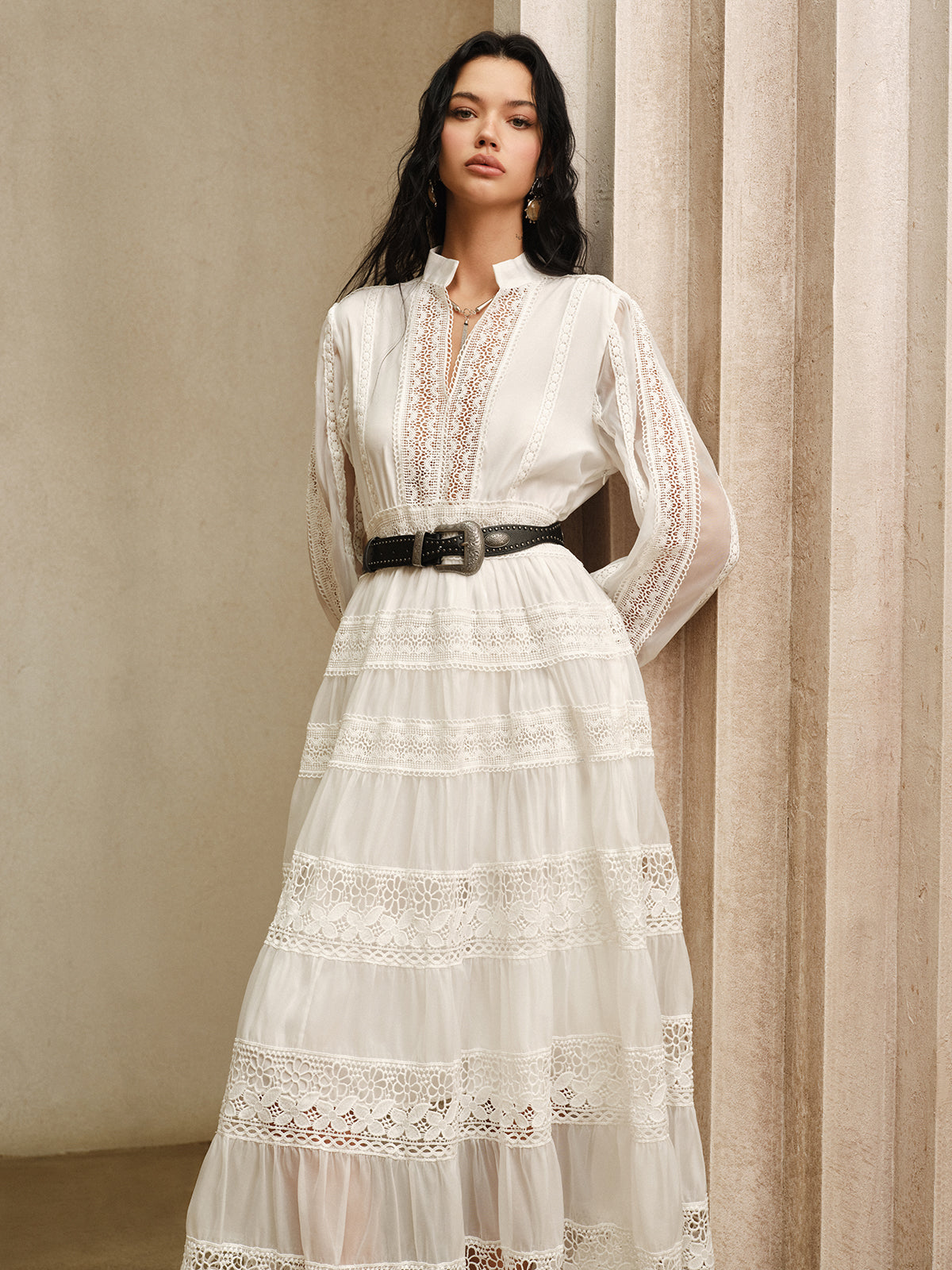 Albertine white tiered lace maxi dress, three-quarter view