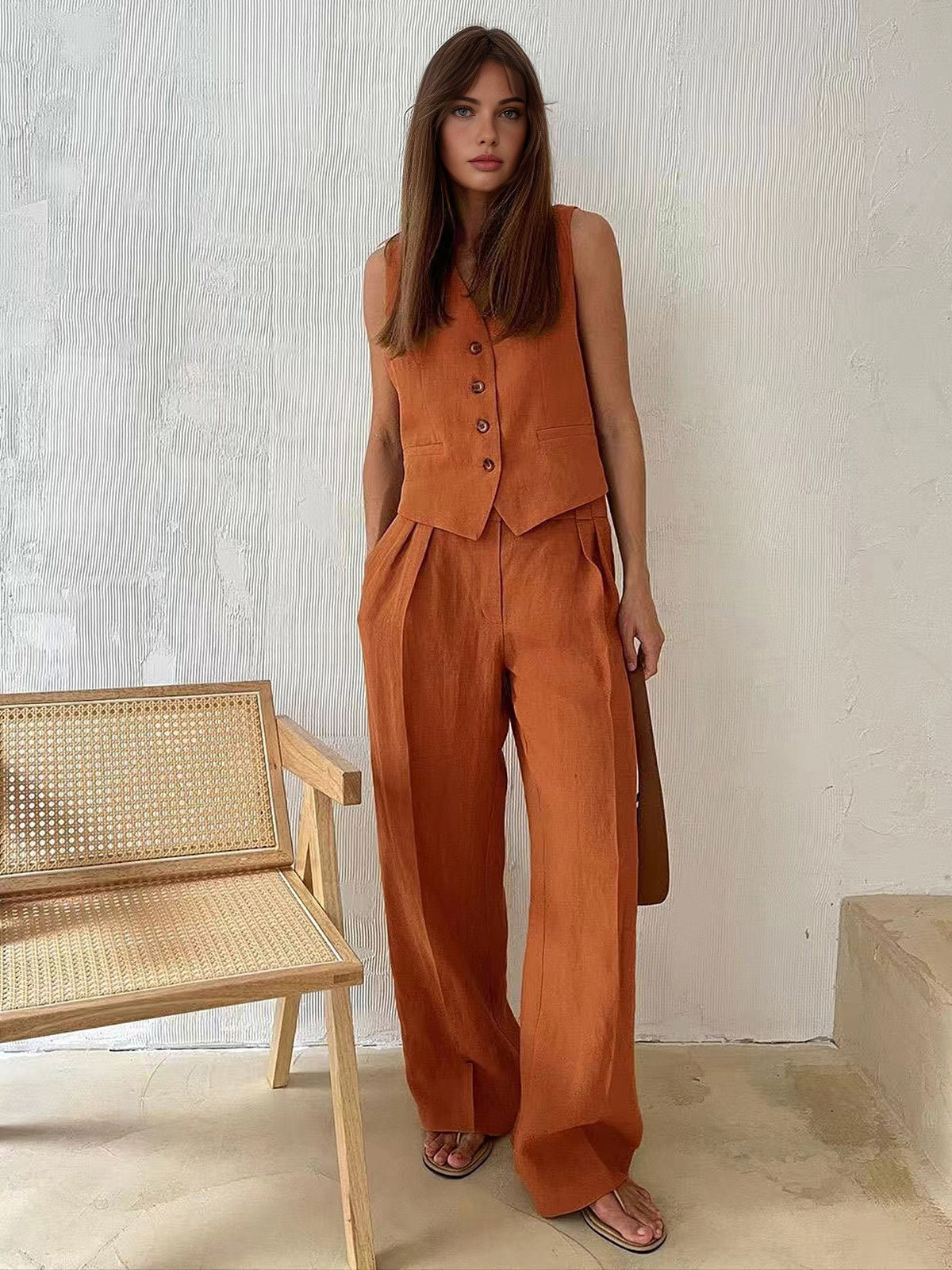 Alix terracotta linen-blend waistcoat and wide-leg trouser set, full-length front view