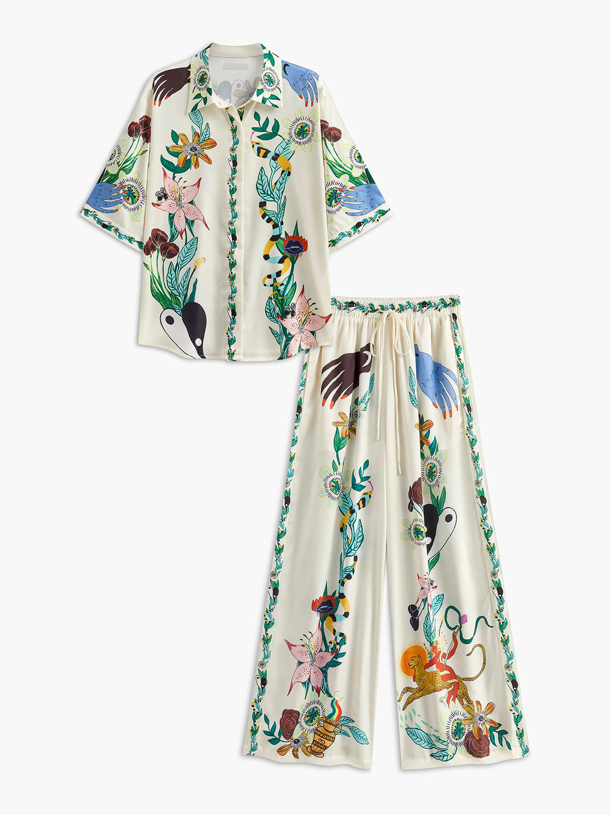 Anouk multicolor printed satin two-piece set, shirt and trousers laid flat