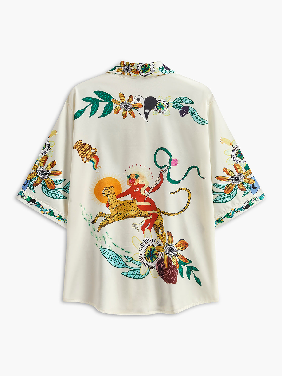 Anouk multicolor printed satin shirt, back view with the leopard motif