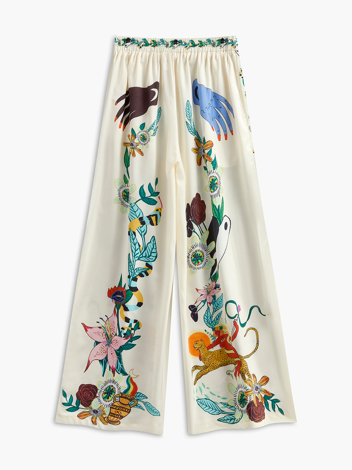 Anouk multicolor printed satin palazzo trousers, full-length view