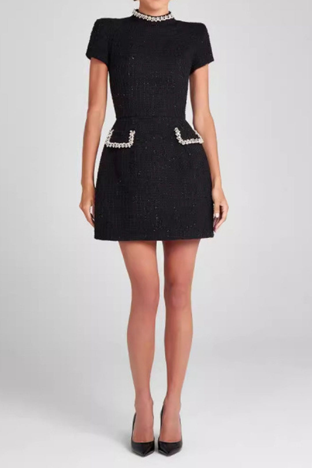 Apolline white short-sleeve pocket mini dress, front view