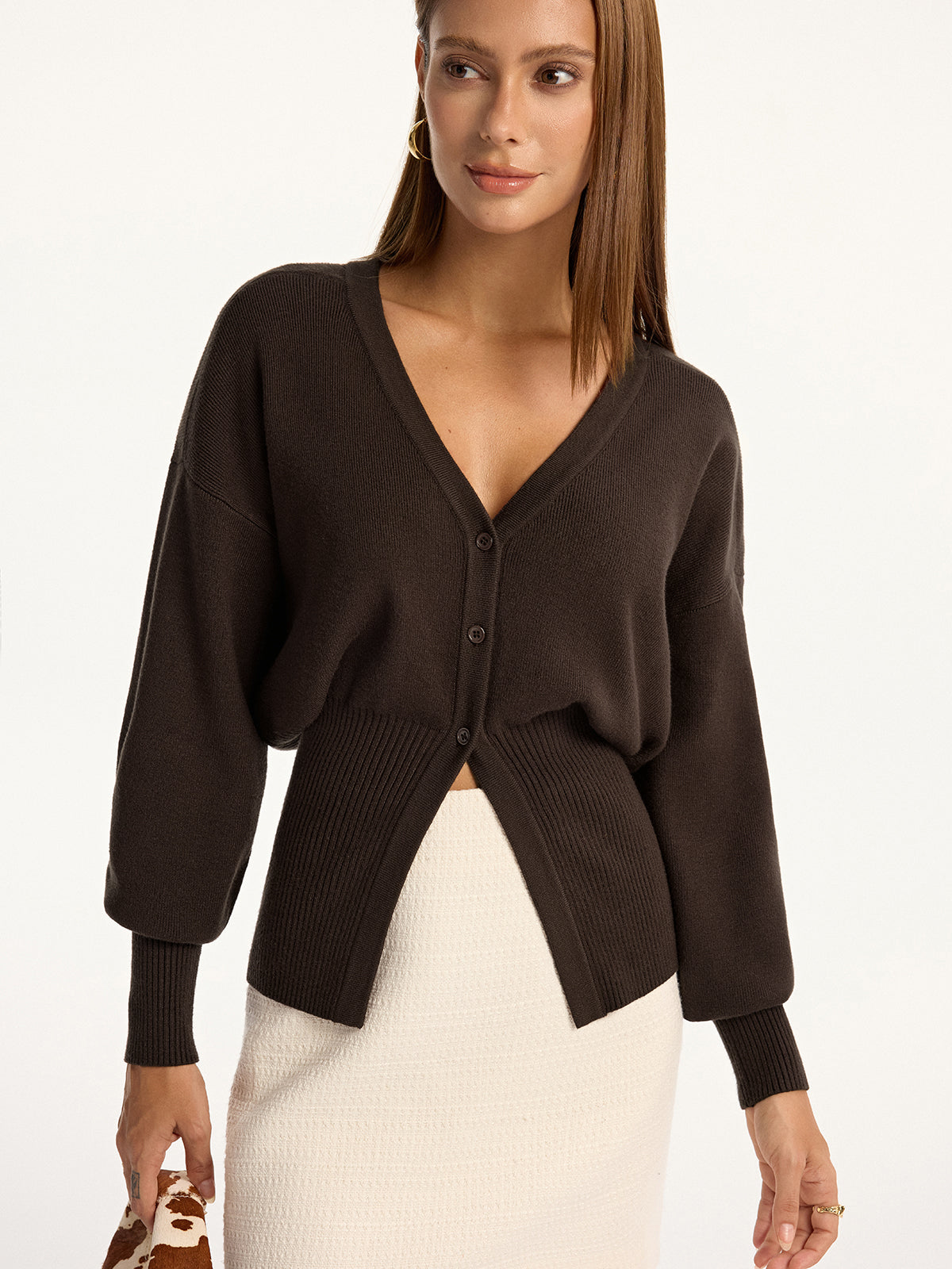Ariane brown V-neck blouson-sleeve cardigan, three-quarter front view