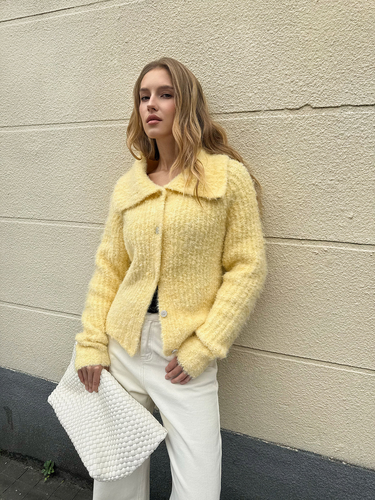 Arielle yellow large-collar button cardigan, front view with the collar flat