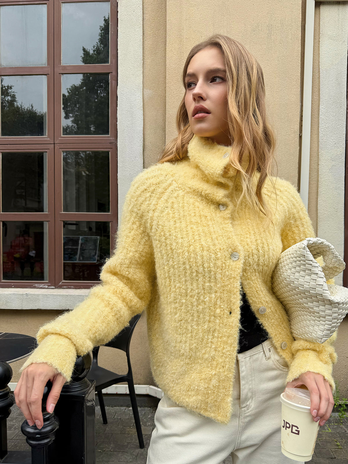 Arielle yellow large-collar cardigan, front view with the collar popped