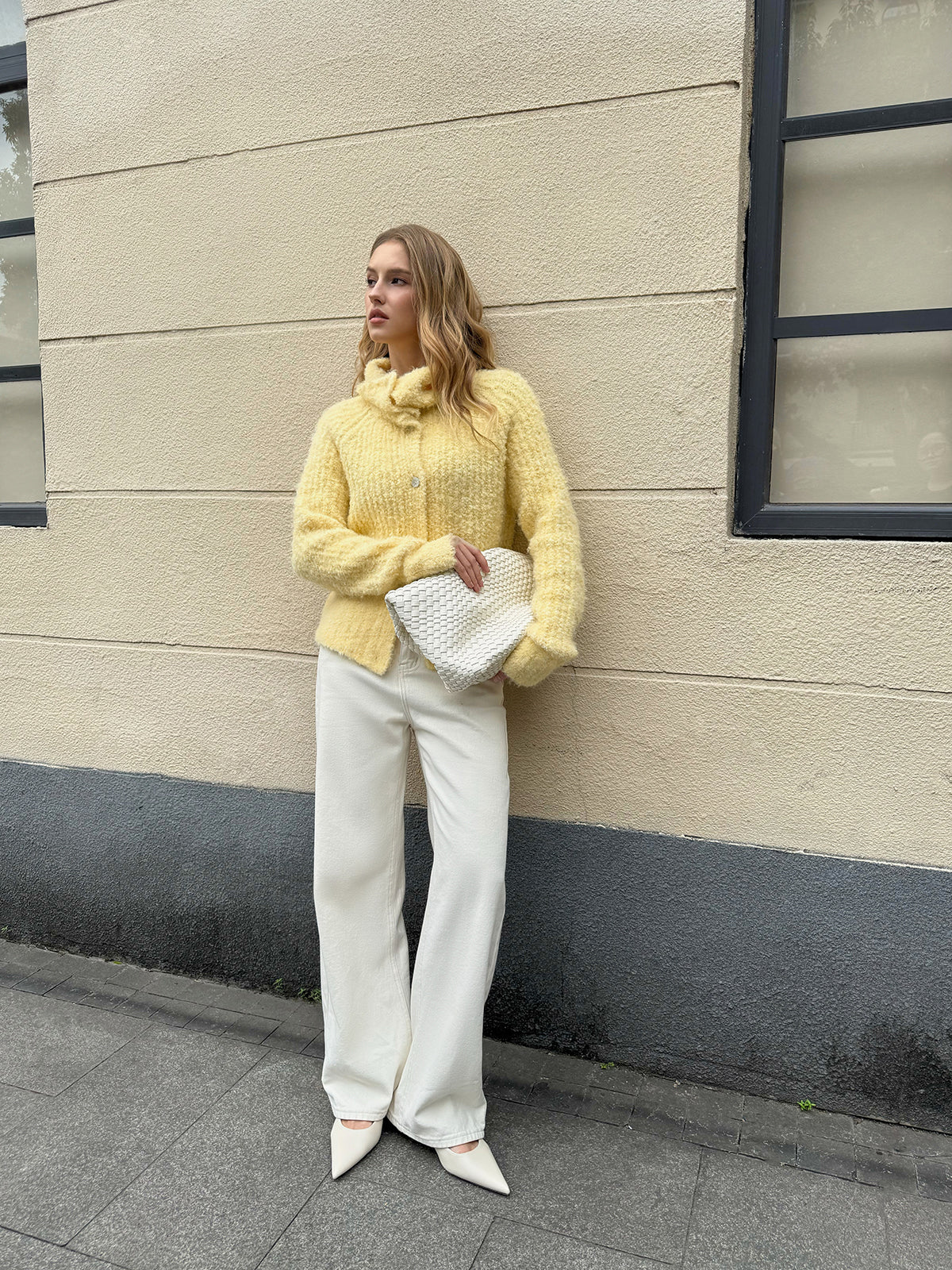 Arielle yellow large-collar button cardigan, full-length view