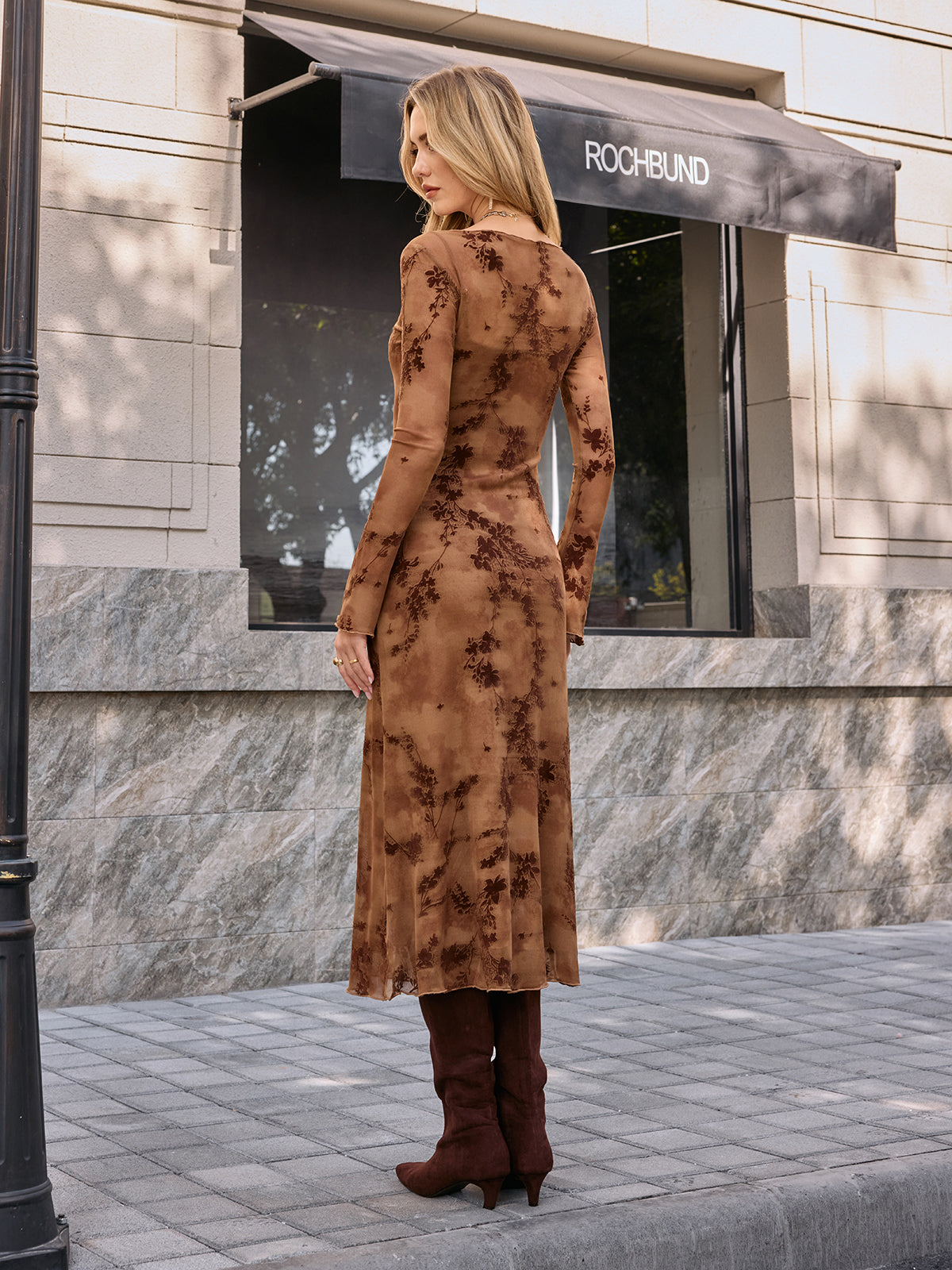 Arlette brown floral mesh midi dress, back view