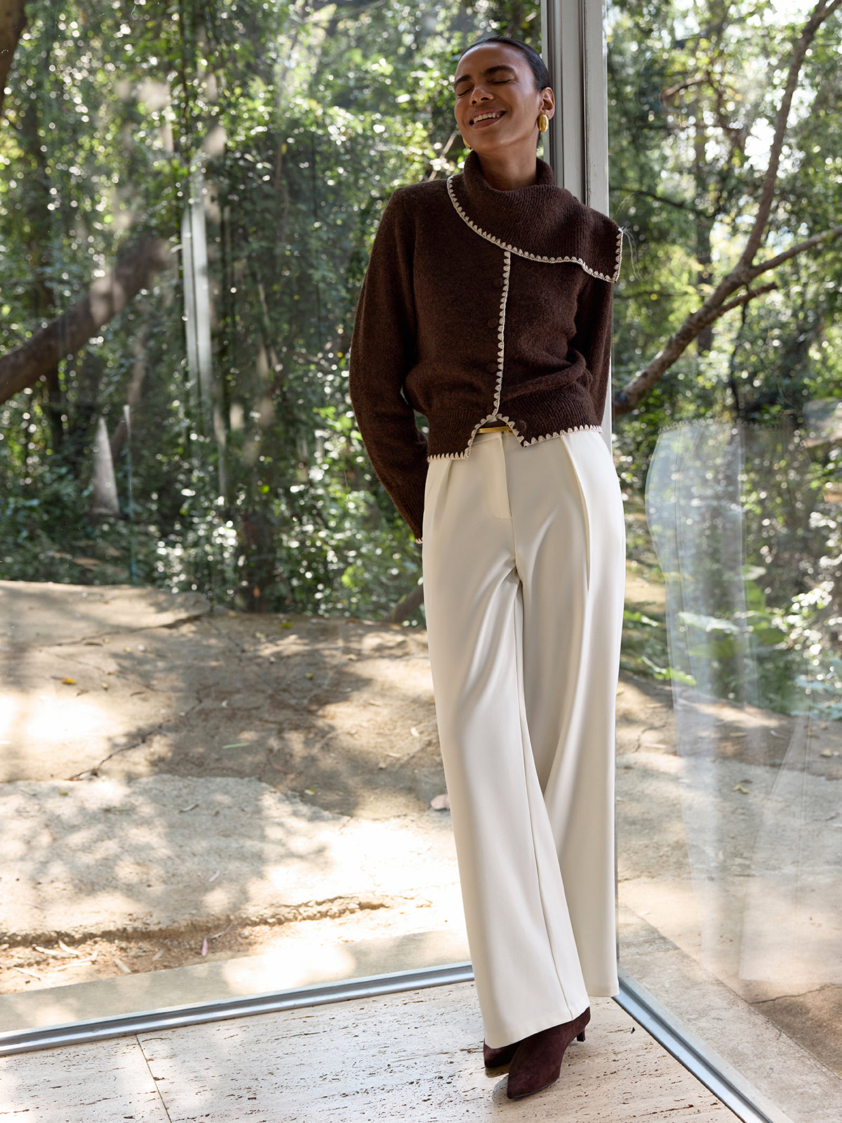 Armelle brown and cream crochet-trim cardigan, full-length front view