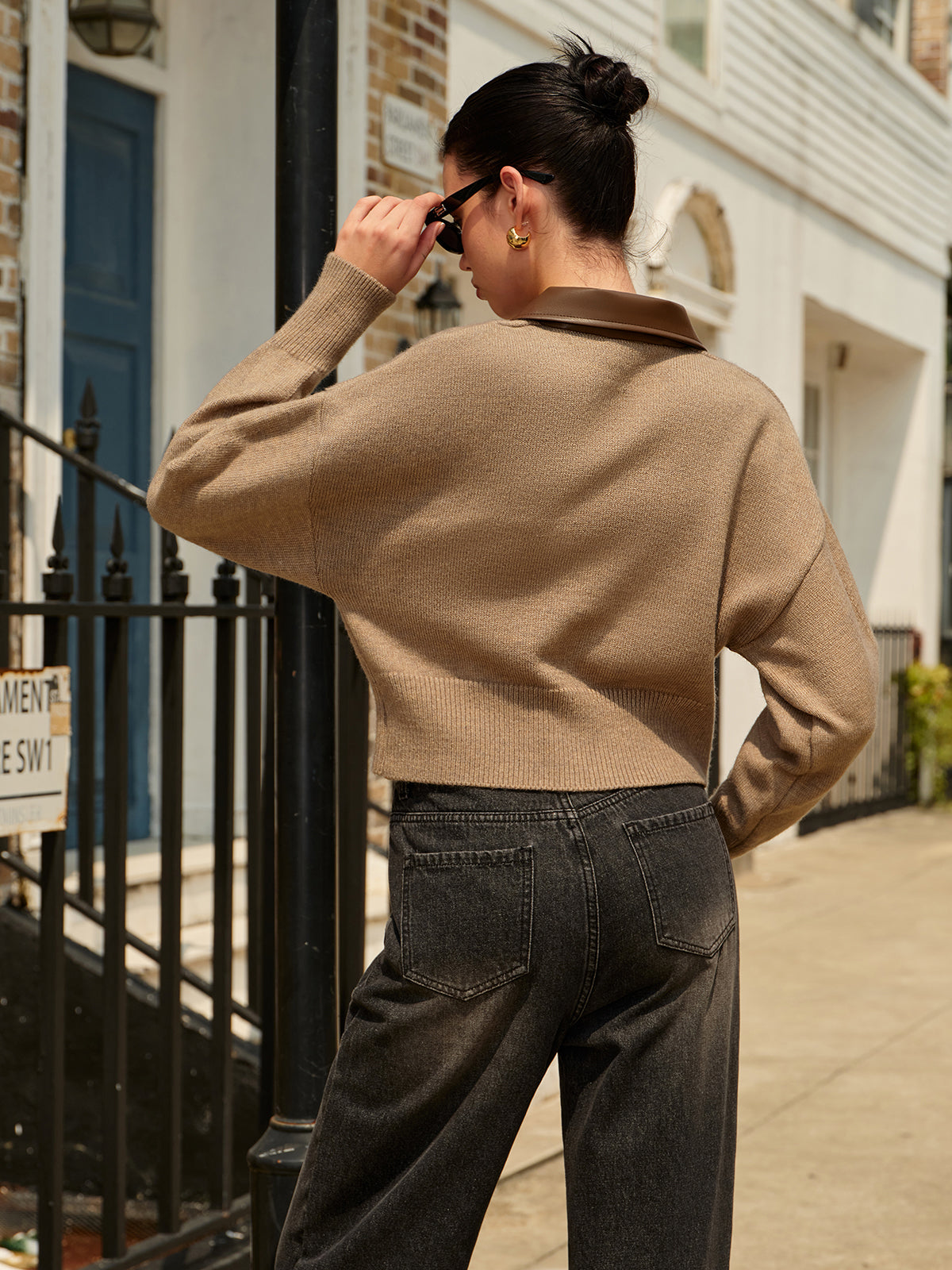Astrid camel zip-front cardigan, back view of the oversized collar
