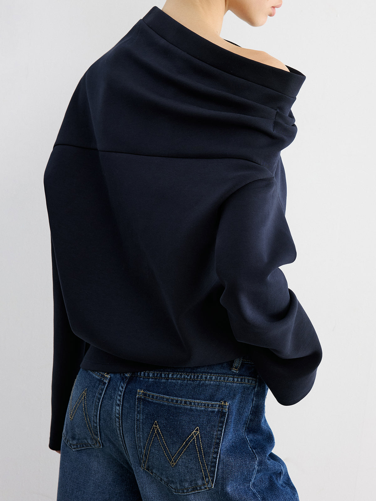 Augustine navy asymmetric off-shoulder sweatshirt, back view