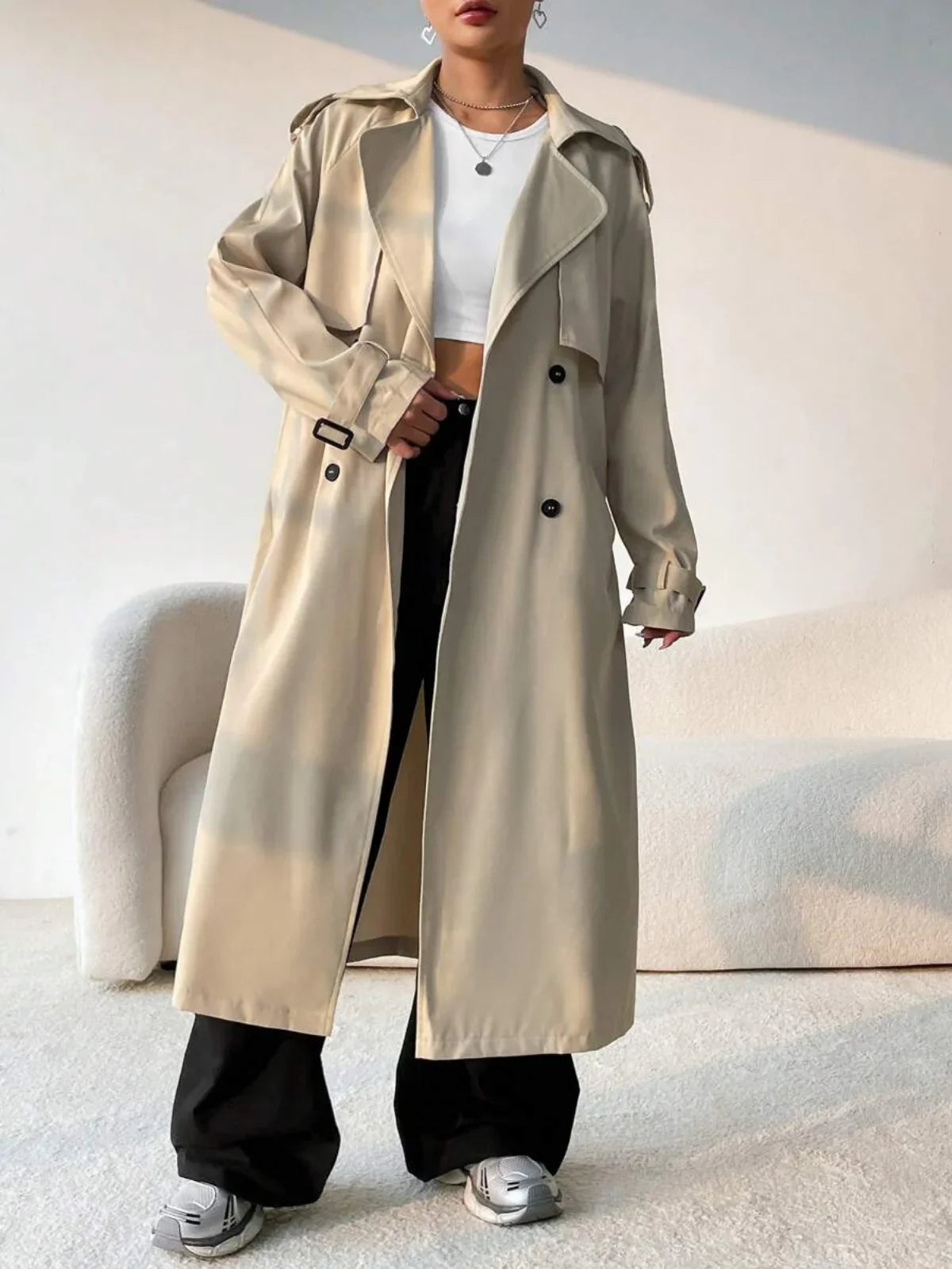 Aurore beige longline trench coat, full-length view