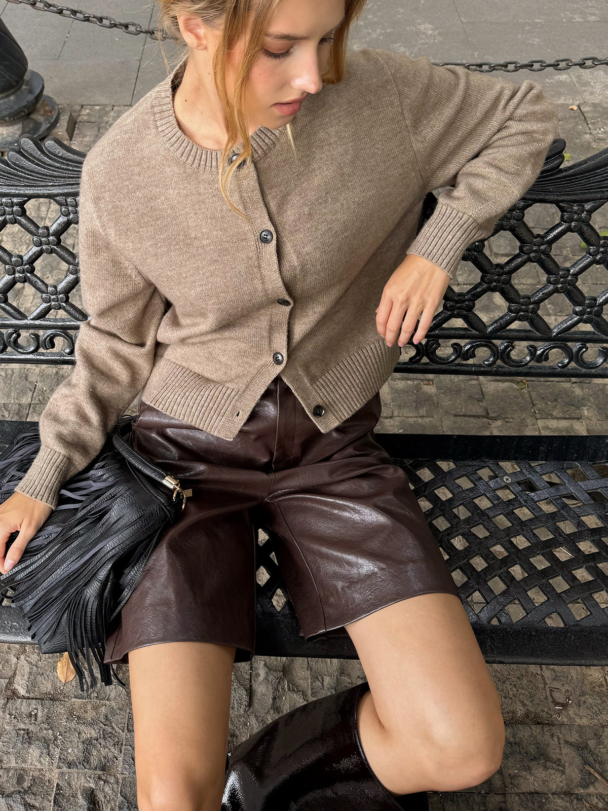 Berenice khaki wool cardigan with button front, front view