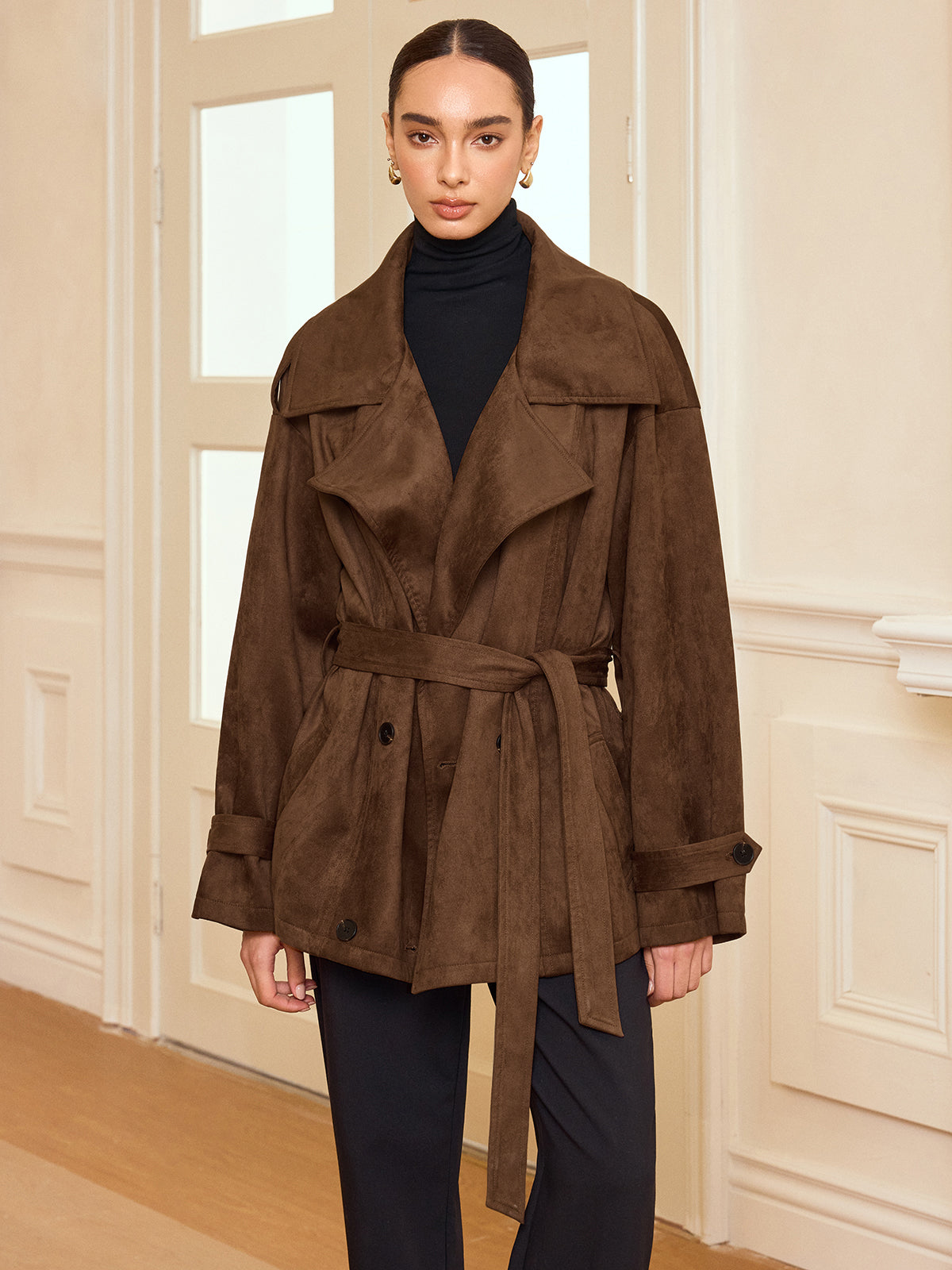 Bernadette brown belted short coat with a wide notched collar, front view