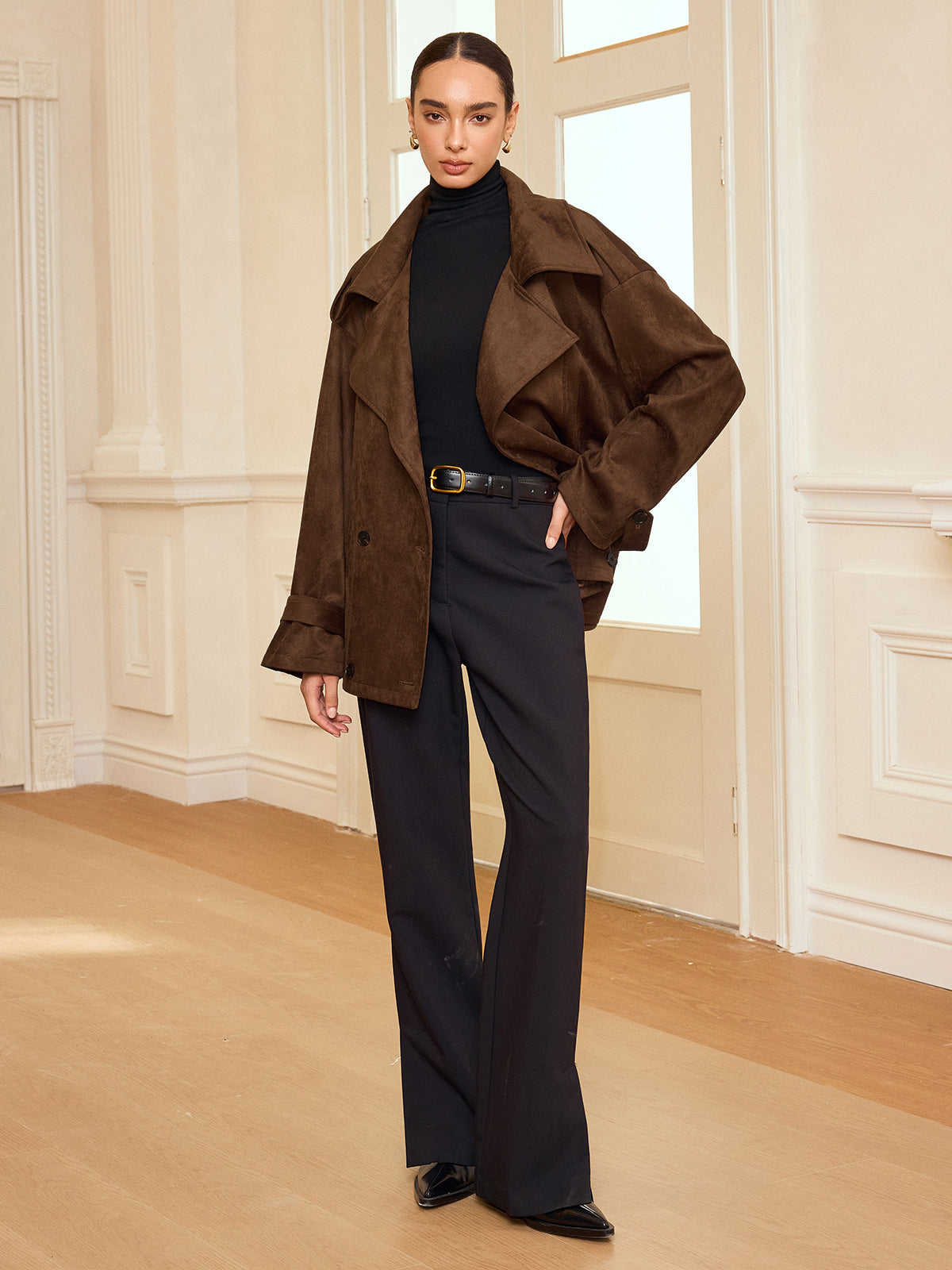 Bernadette brown short coat shown with the belt tied at the waist