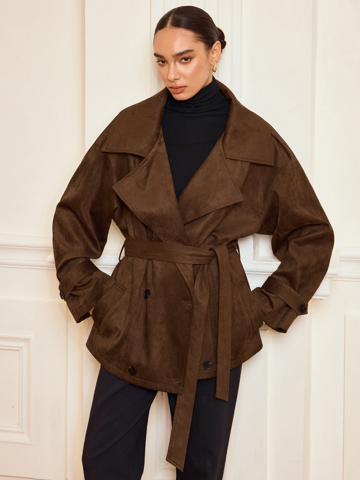 Bernadette brown short coat, full-length view