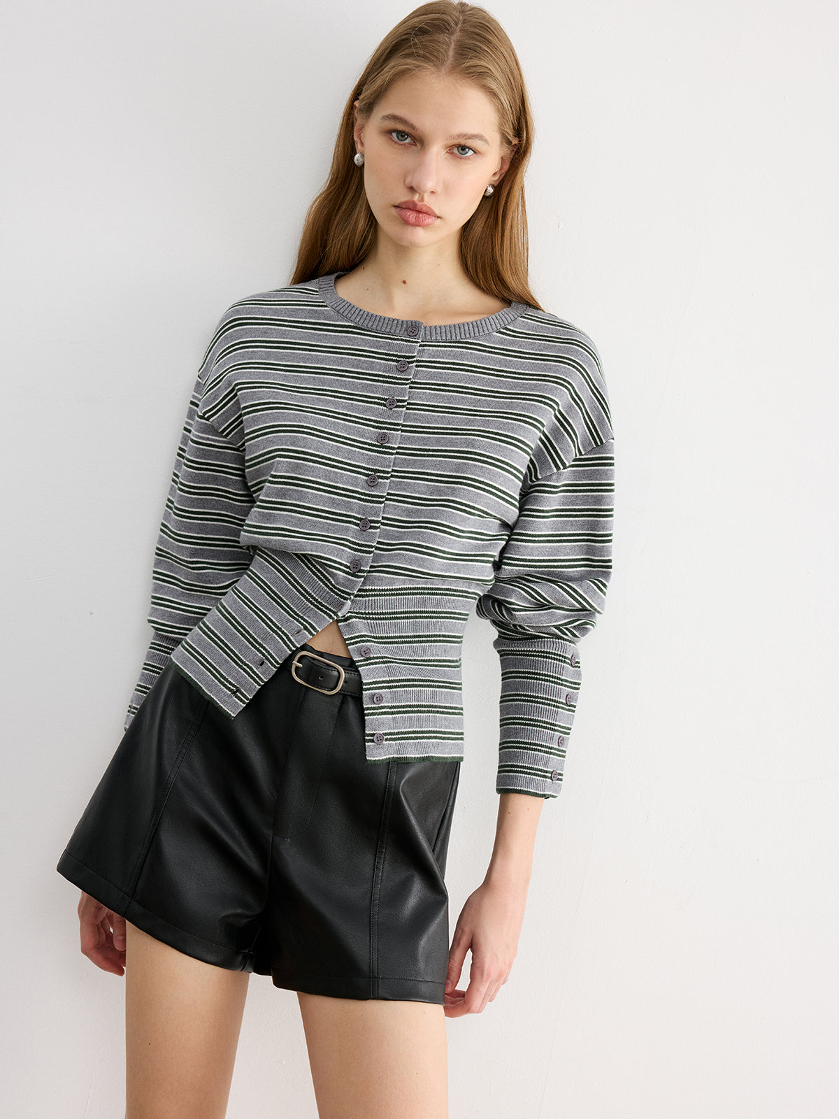 Blandine gray and green striped cardigan, front view