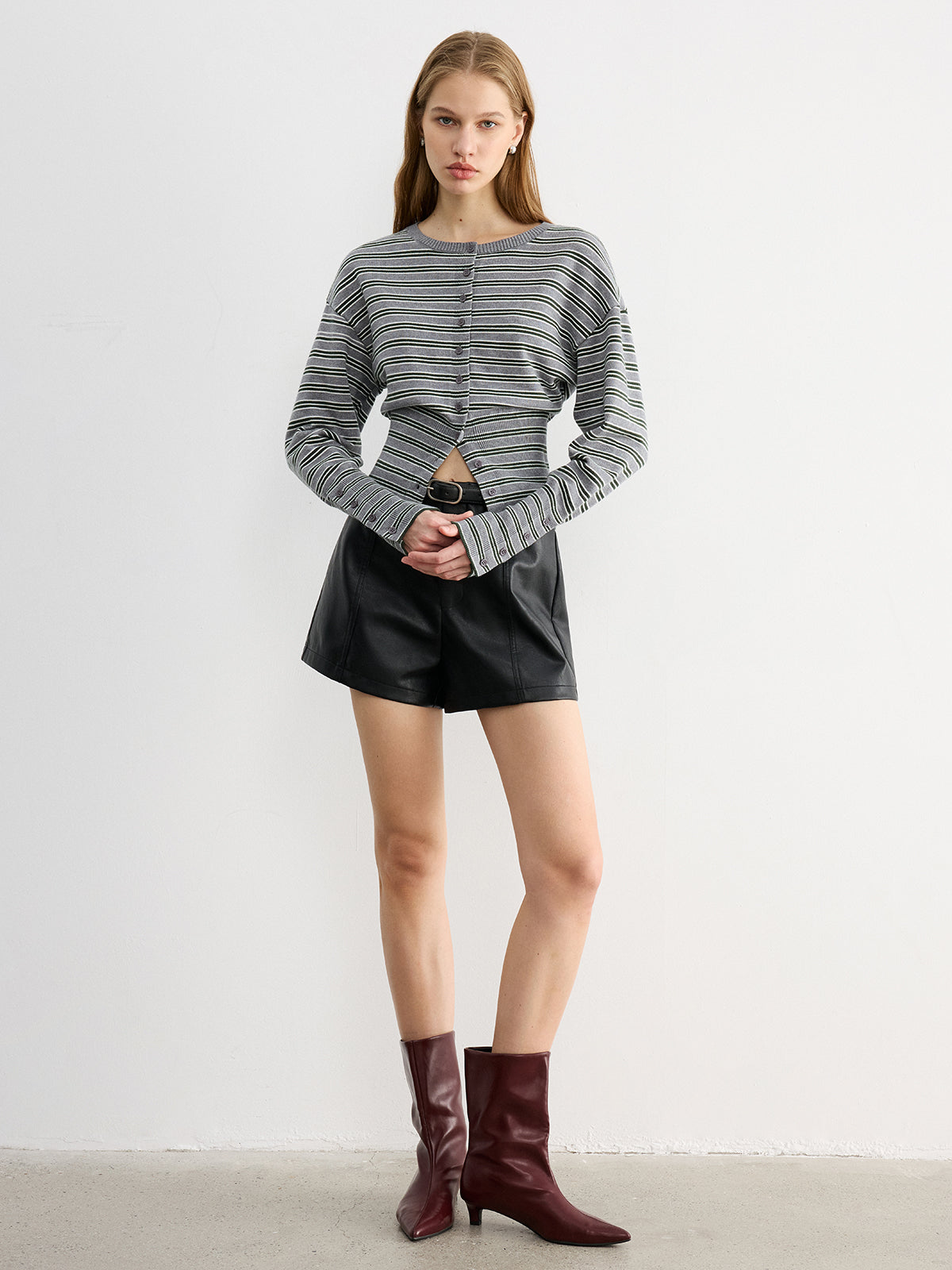 Blandine gray and green striped cardigan, full-length view