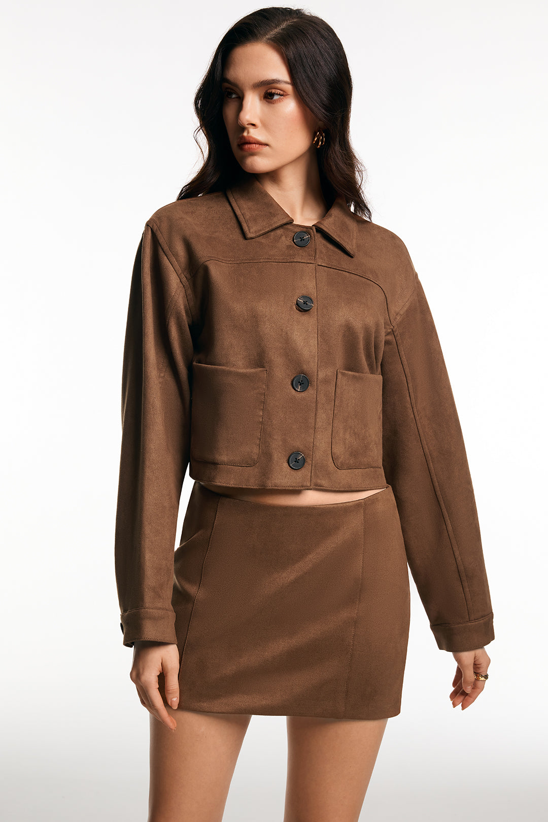 Brigitte brown button-front jacket, side view