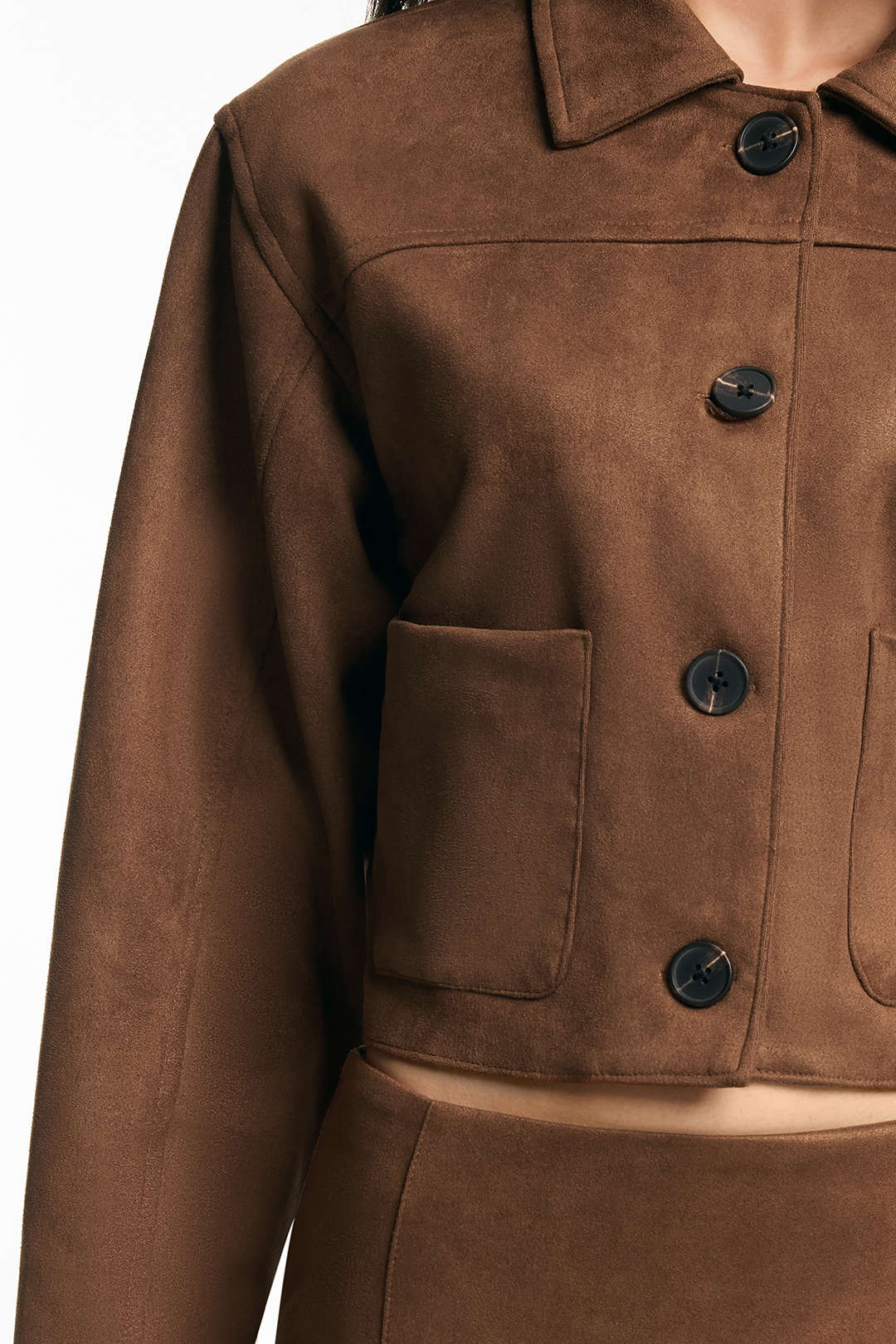 Brigitte brown button-front jacket, full-length view