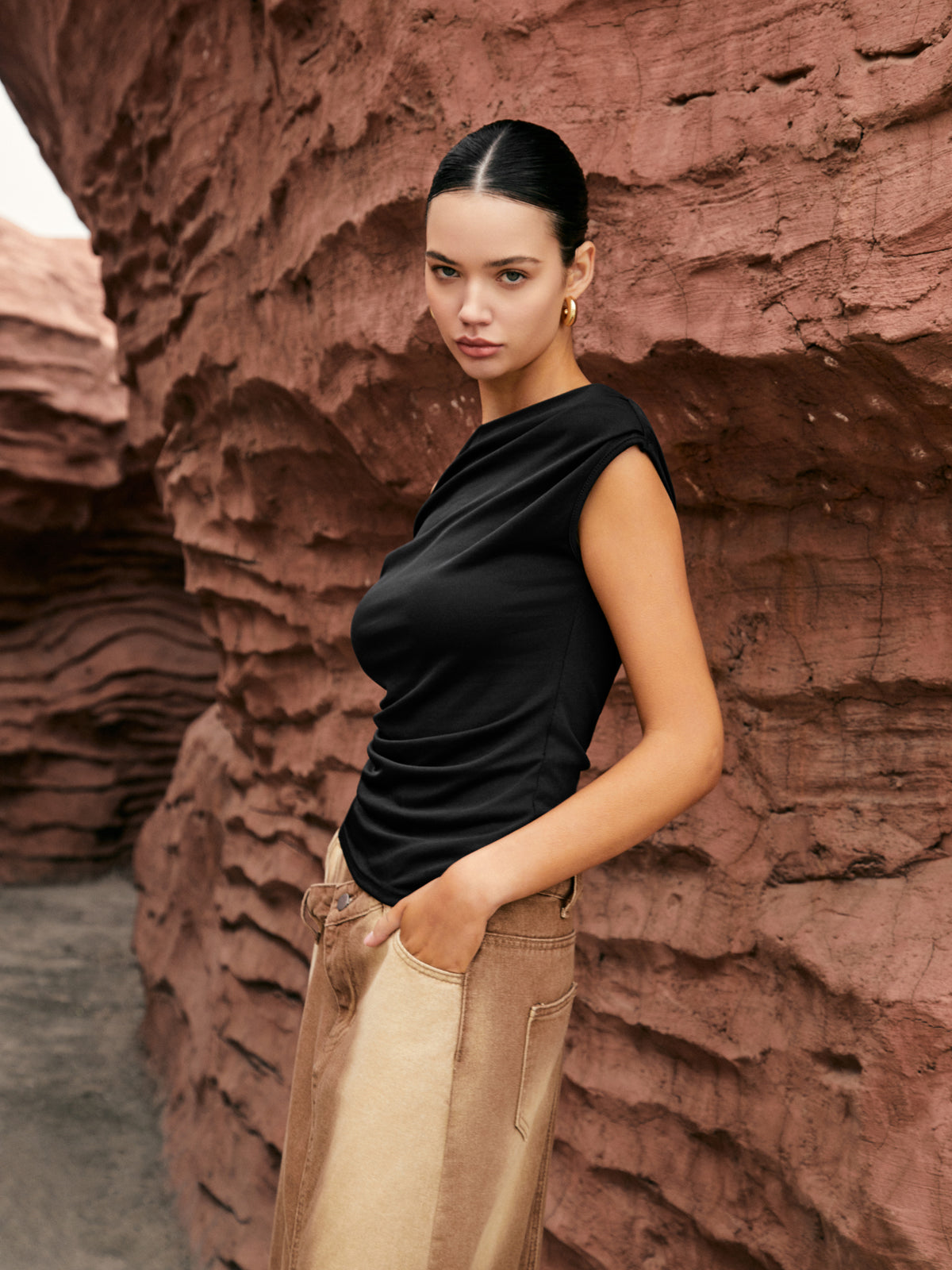 Capucine draped top, close-up of the gathered shoulder