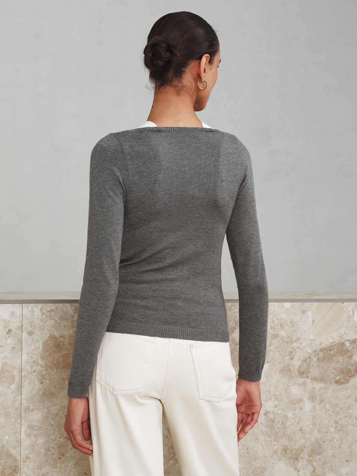 Carine gray layered shoulder cutout knit top, back view