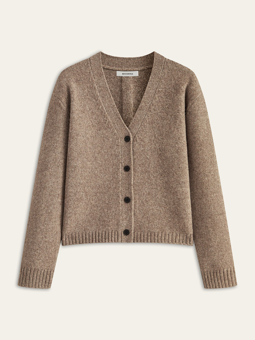Carole taupe V-neck wool cardigan, front view