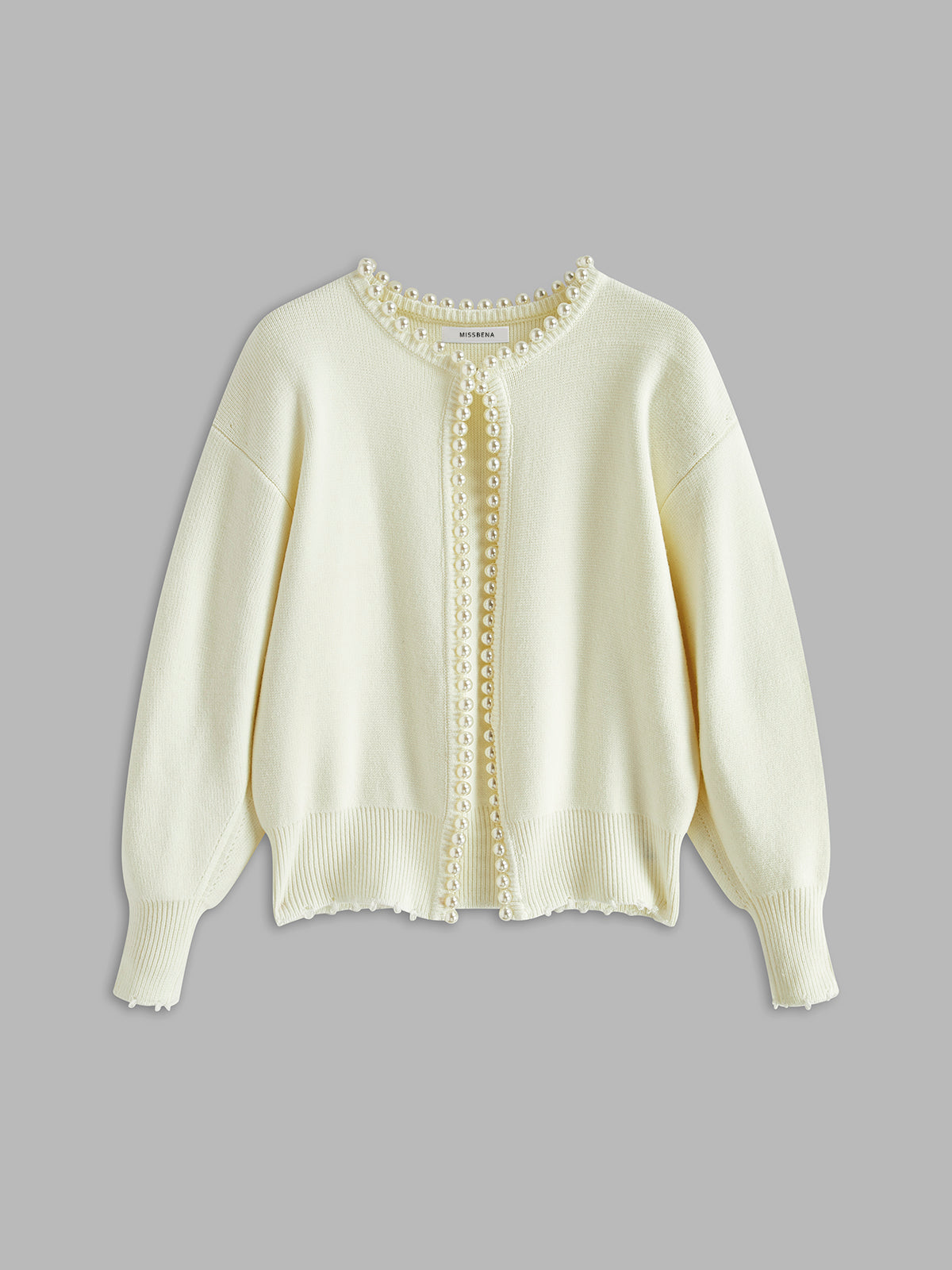 Cream pearl-trim open-front cardigan, flat front view