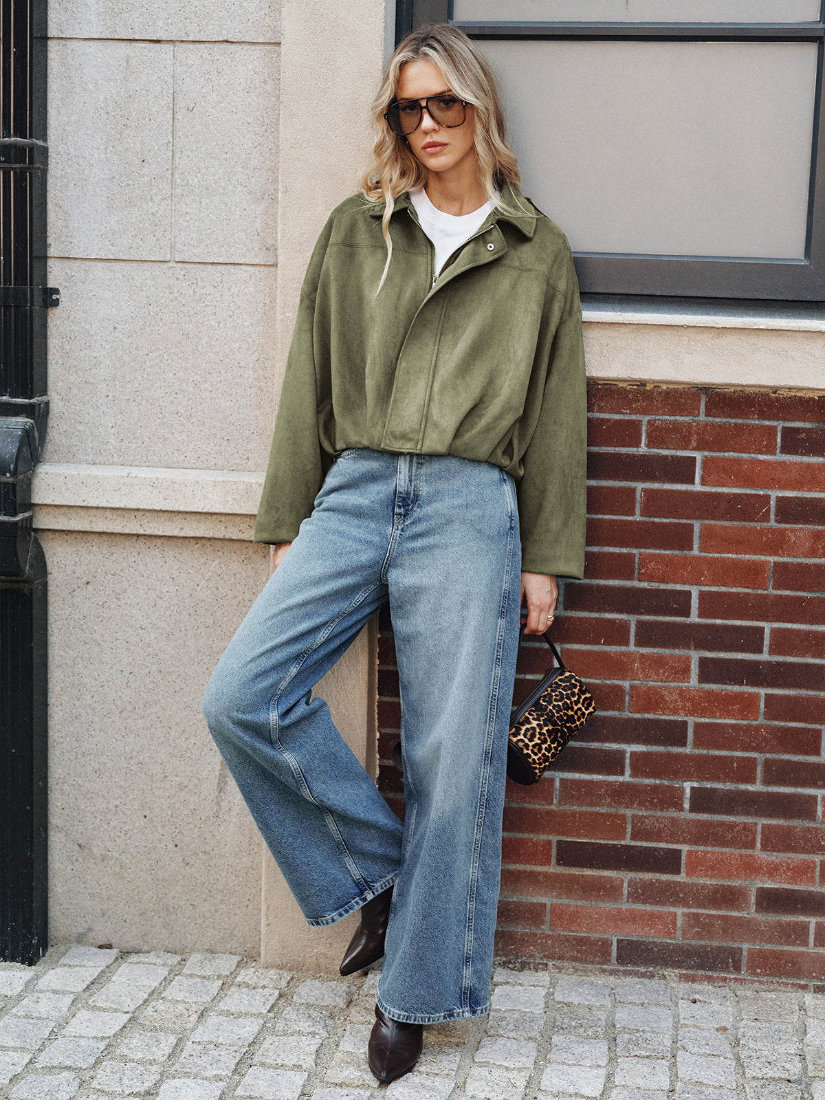 Charline green oversized wide-sleeve jacket over a white tee, full-length front view