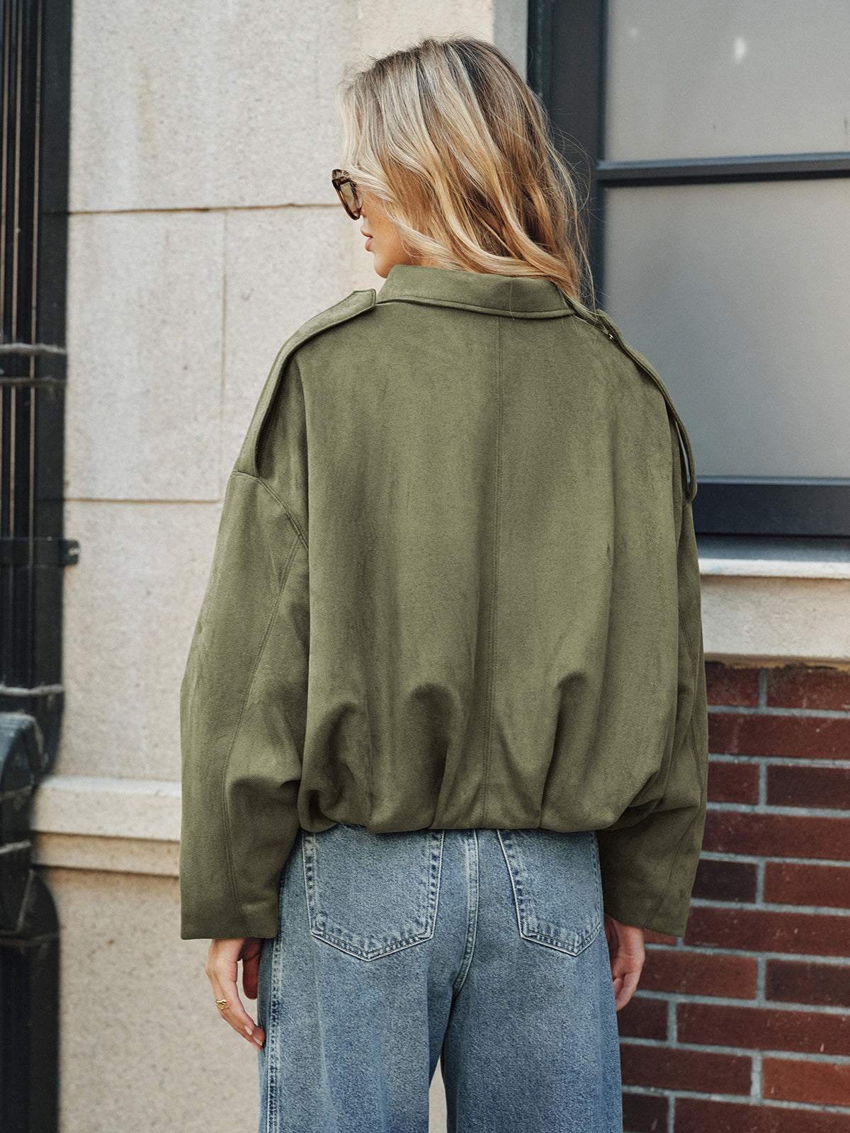 Charline green oversized wide-sleeve jacket, back view with shoulder tabs and gathered hem