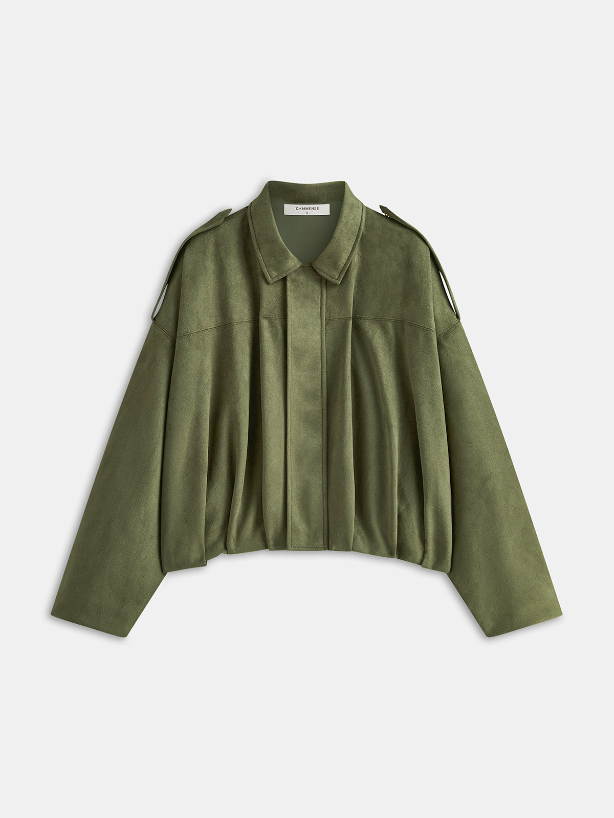 Charline green oversized wide-sleeve jacket laid flat, showing cocoon shape and collar