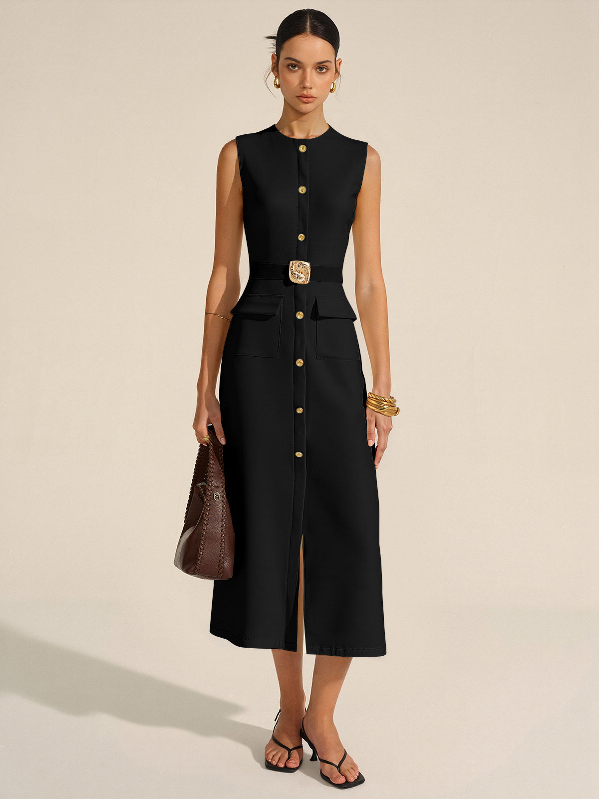 Clemence black sleeveless button midi dress, front view