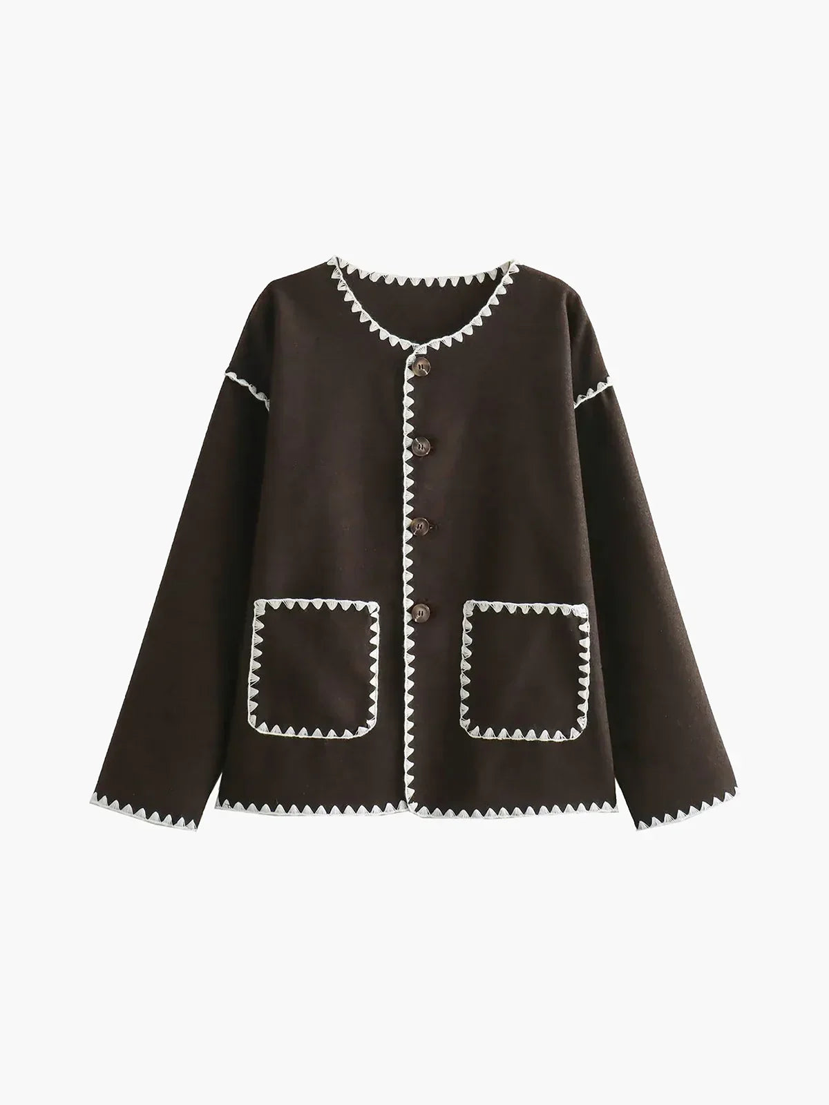 Clotilde brown jacket with cream contrast stitch and patch pockets, front view