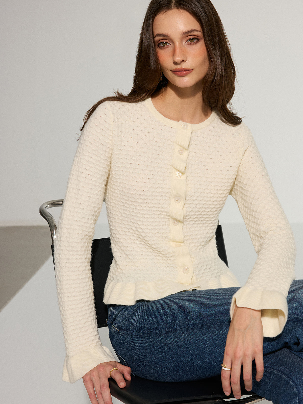 Colombe cream bobble knit ruffle-hem cardigan, front view