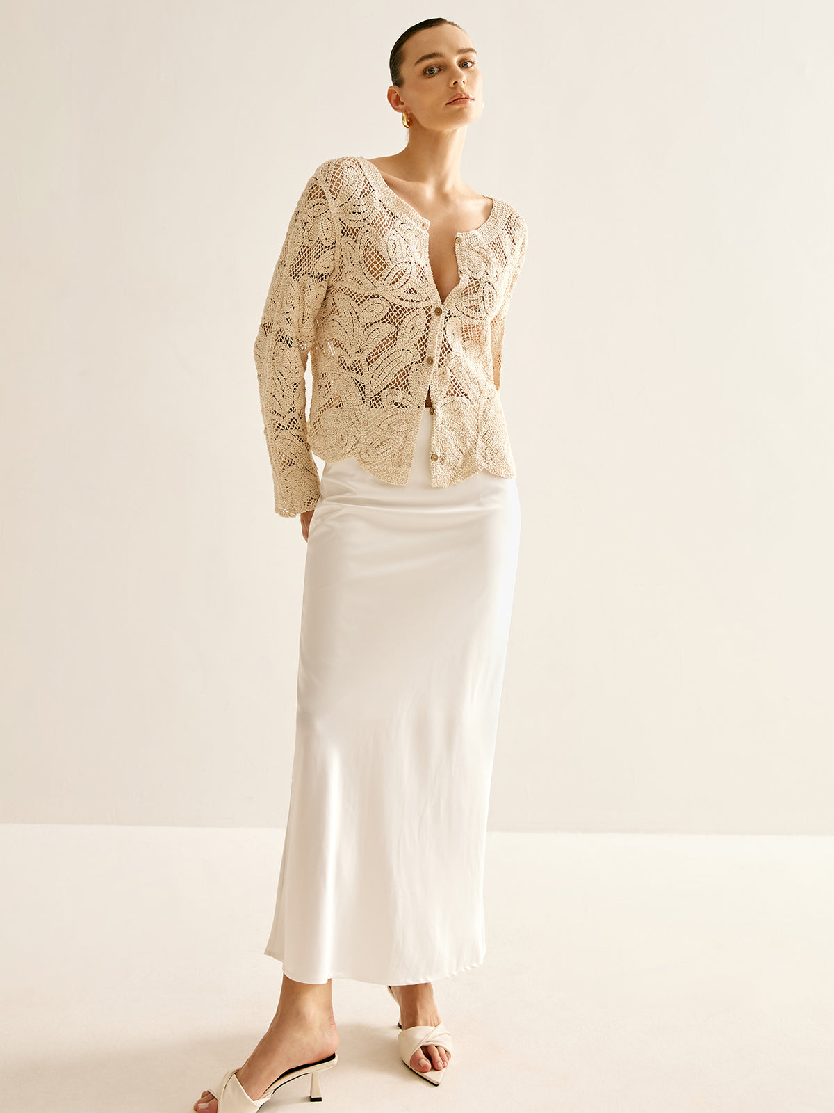 Cosette beige crochet openwork cardigan, full-length front view