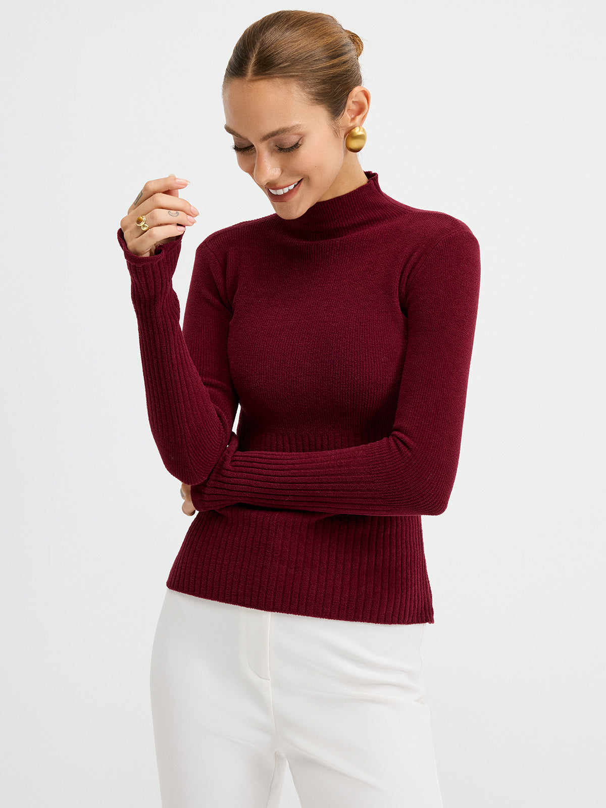 Danielle burgundy ribbed mock neck bell sleeve top, three-quarter front view