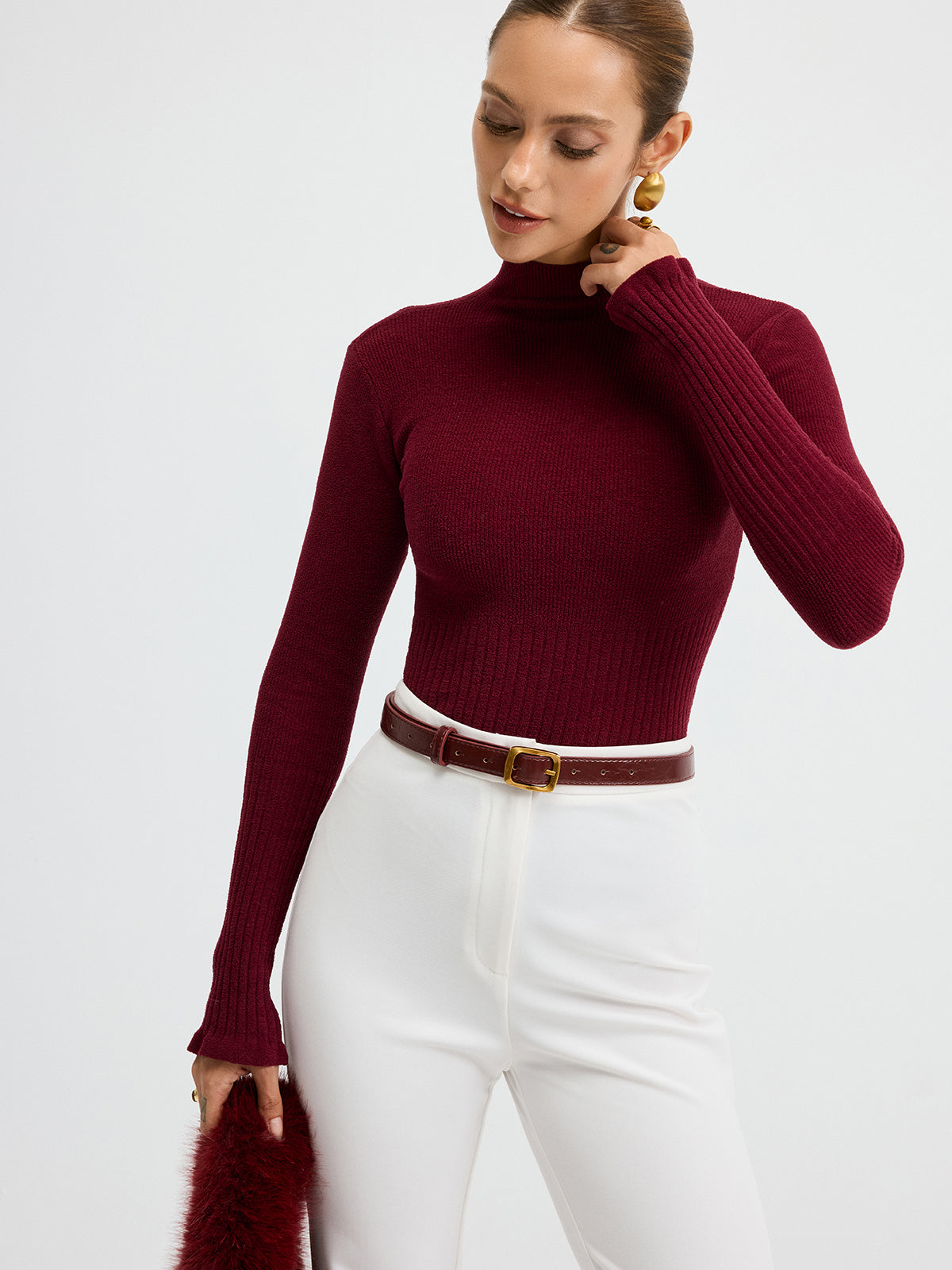 Danielle burgundy ribbed mock neck bell sleeve top, styled front view