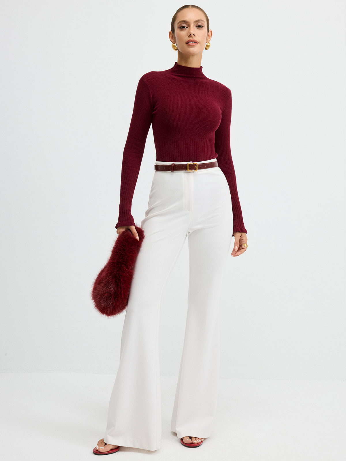 Danielle burgundy ribbed mock neck bell sleeve top, full-length front view