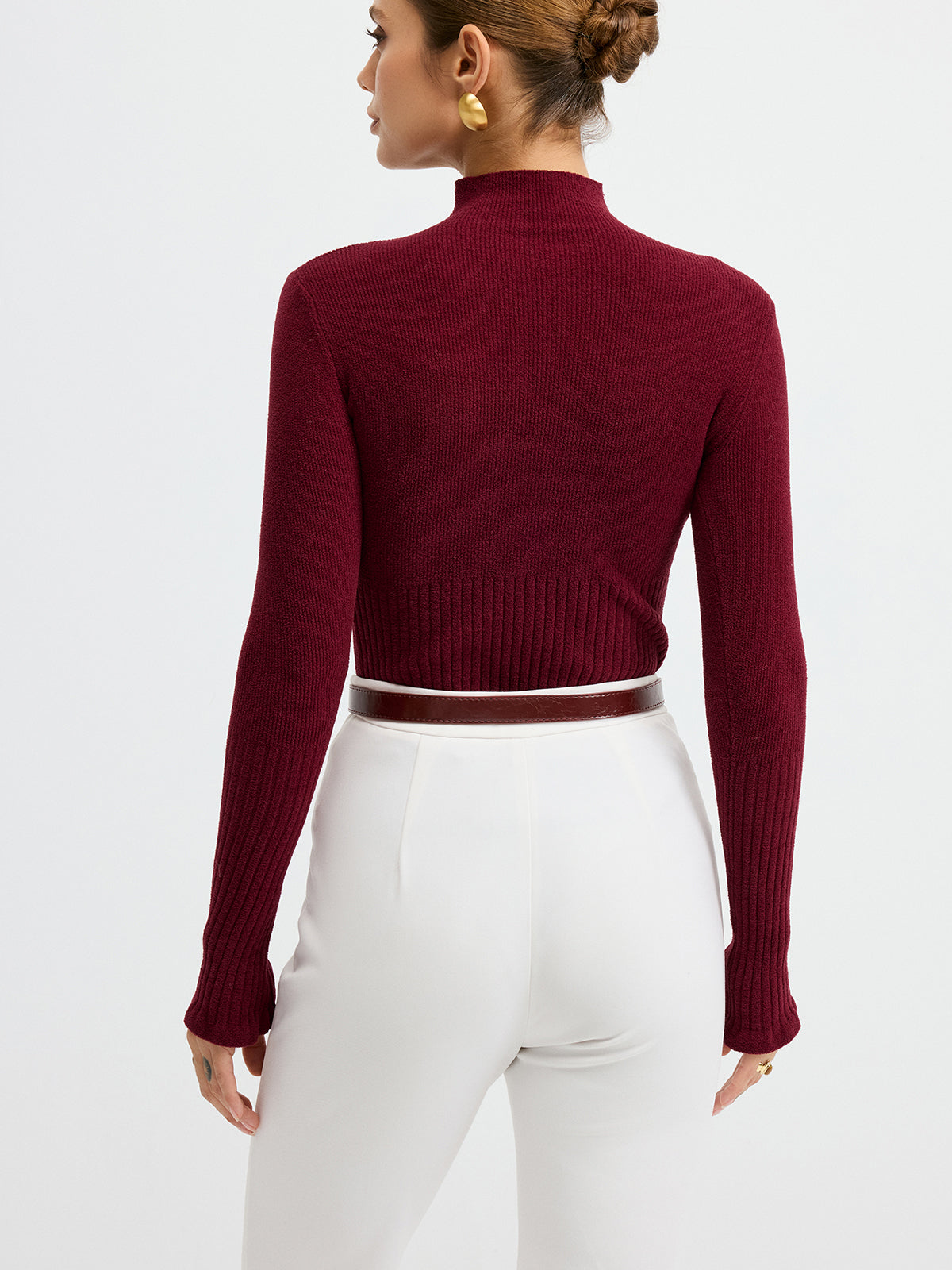 Danielle burgundy ribbed mock neck bell sleeve top, back view