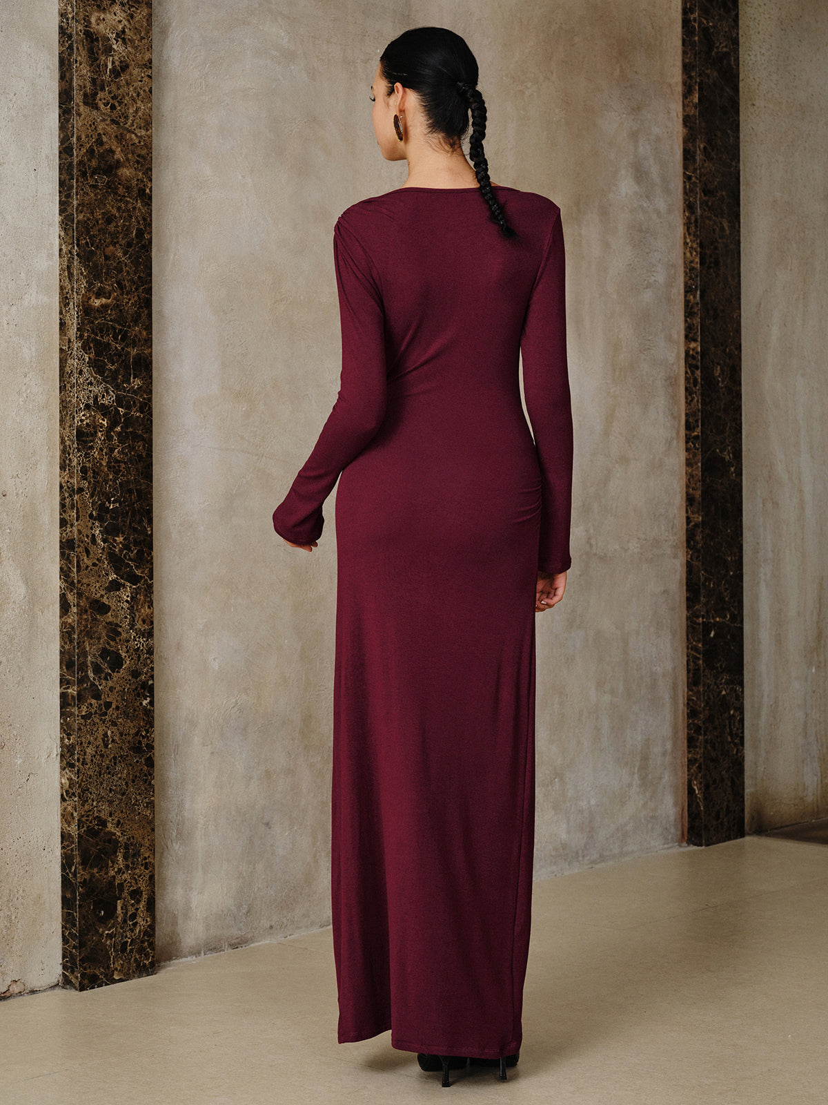 Daphne burgundy boat neck ruched maxi dress, back view